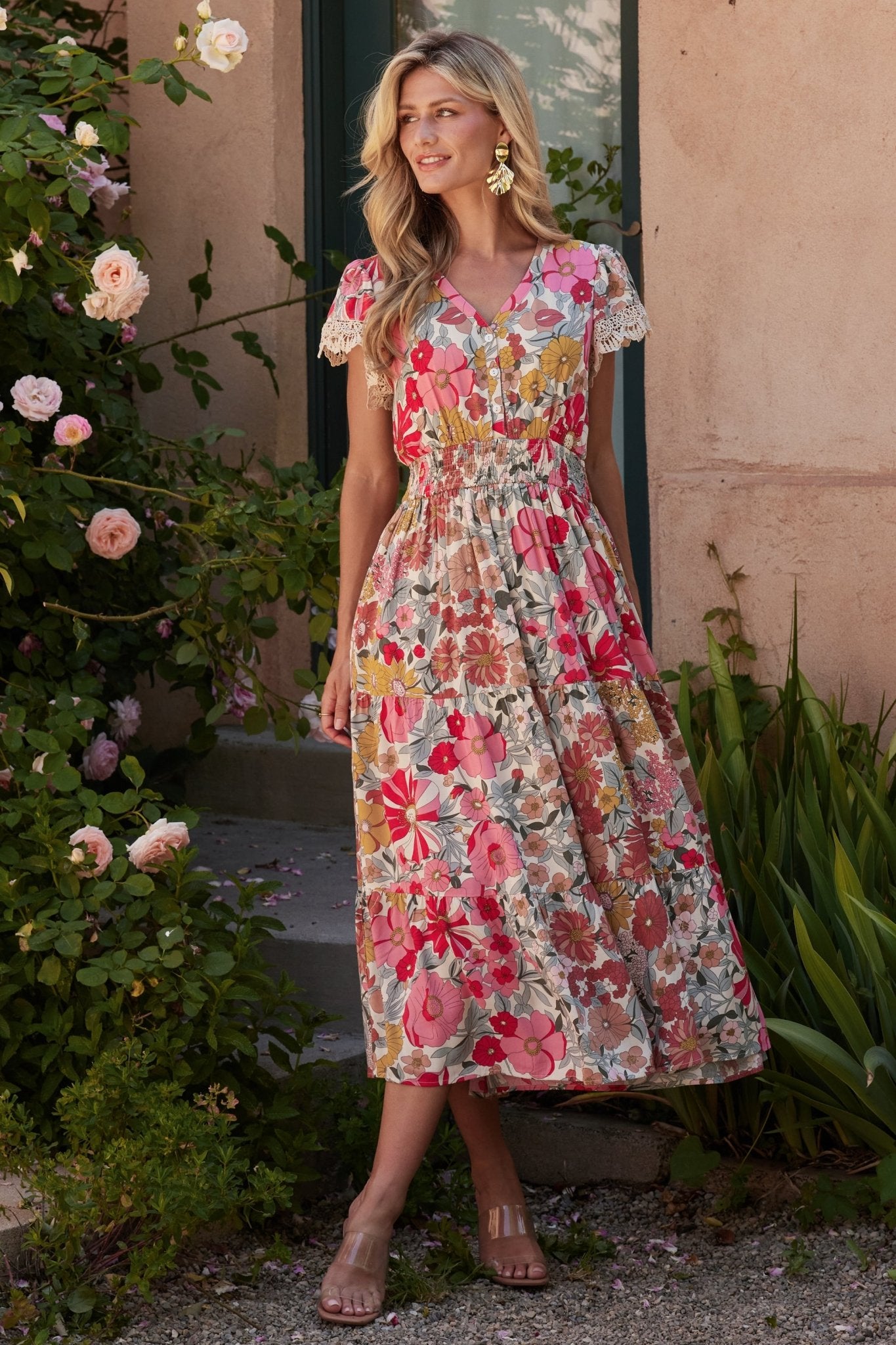 Cream Multi Floral Midi Dress with Lace Detailing & Side Pockets | Baltic Born