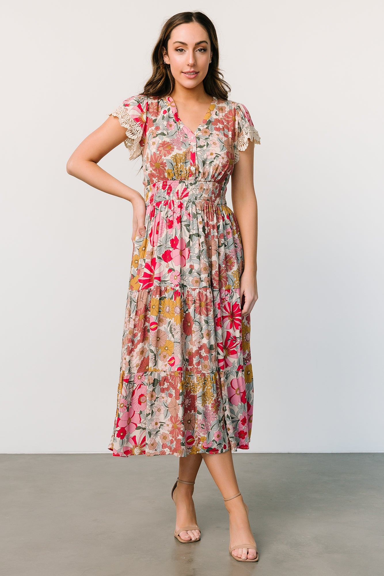 Cream Multi Floral Midi Dress with Lace Detailing & Side Pockets | Baltic Born