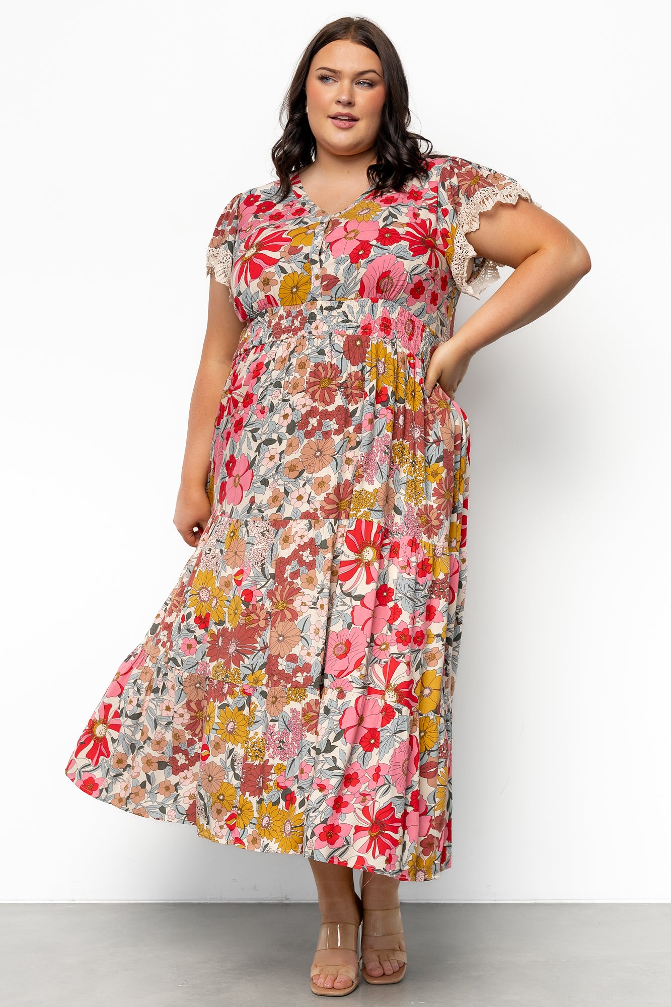 Cream Multi Floral Midi Dress with Lace Detailing & Side Pockets | Baltic Born