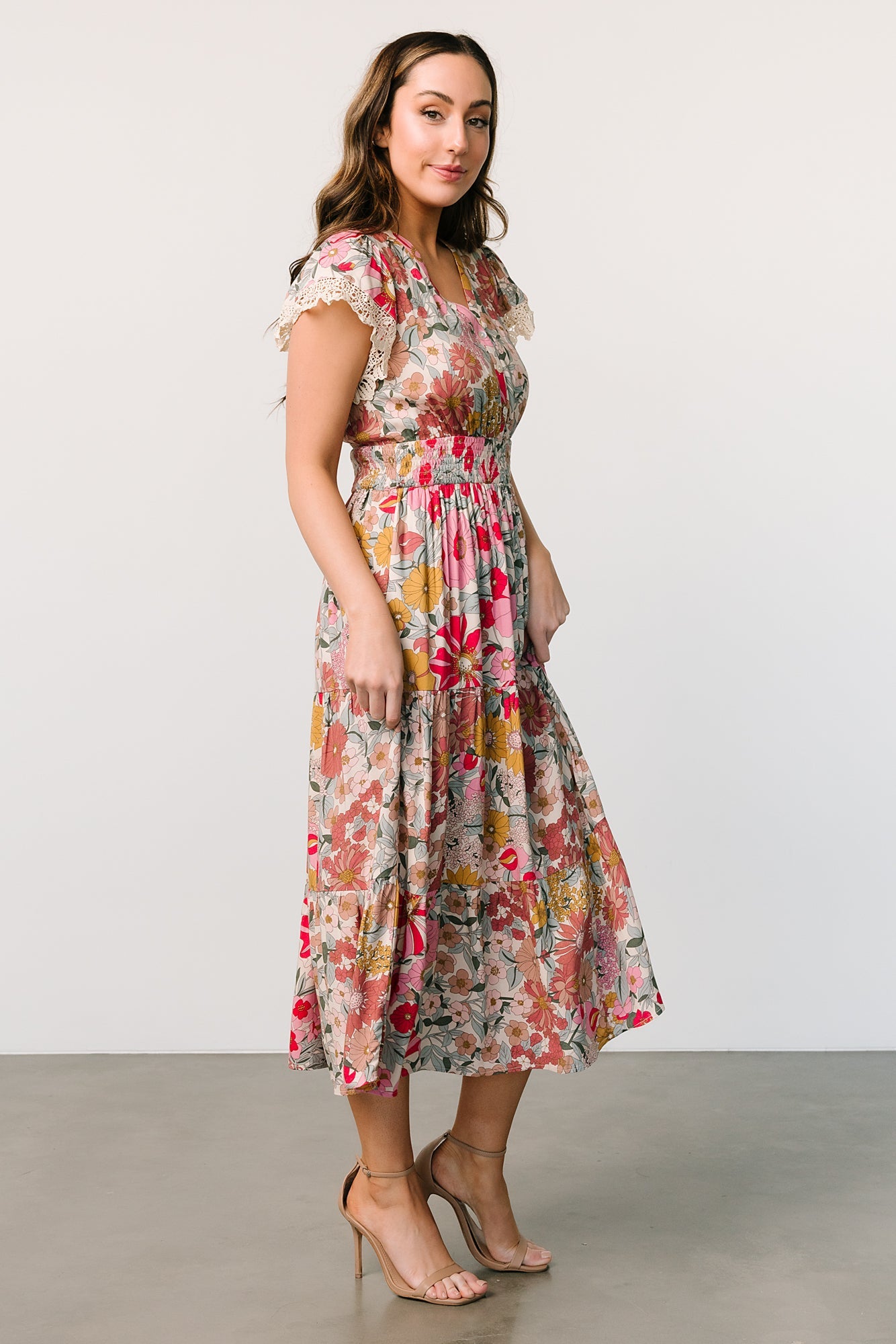 Cream Multi Floral Midi Dress with Lace Detailing & Side Pockets | Baltic Born