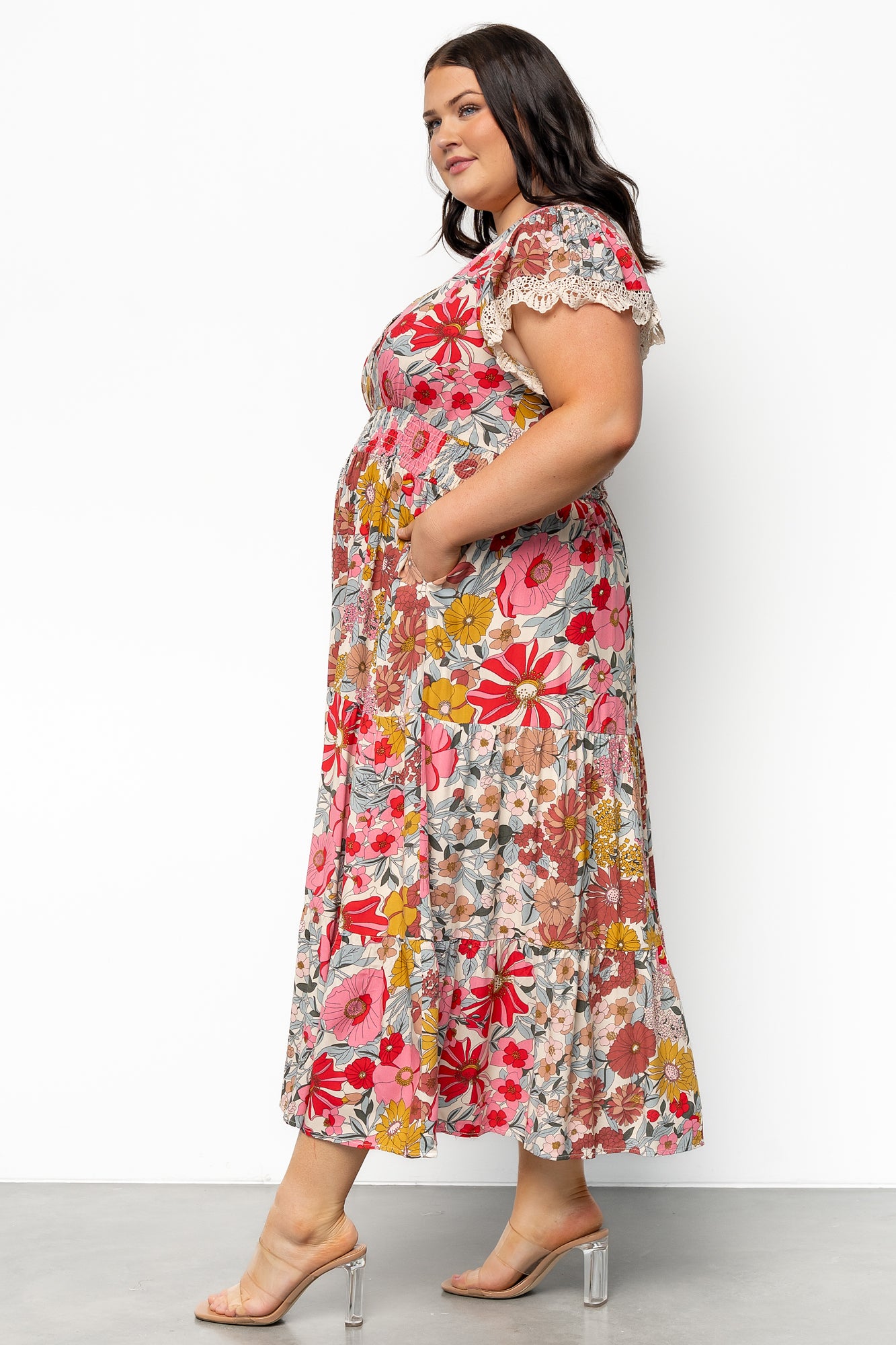Cream Multi Floral Midi Dress with Lace Detailing & Side Pockets | Baltic Born