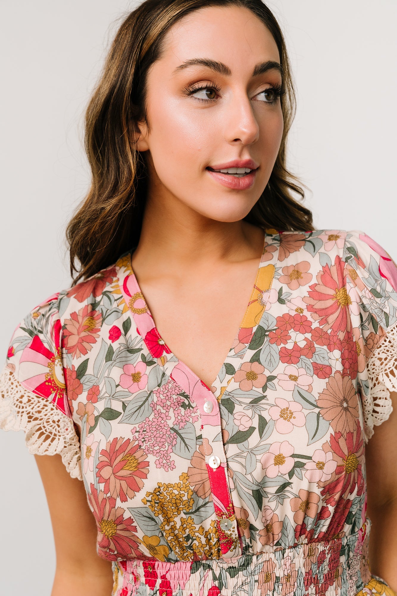 Cream Multi Floral Midi Dress with Lace Detailing & Side Pockets | Baltic Born