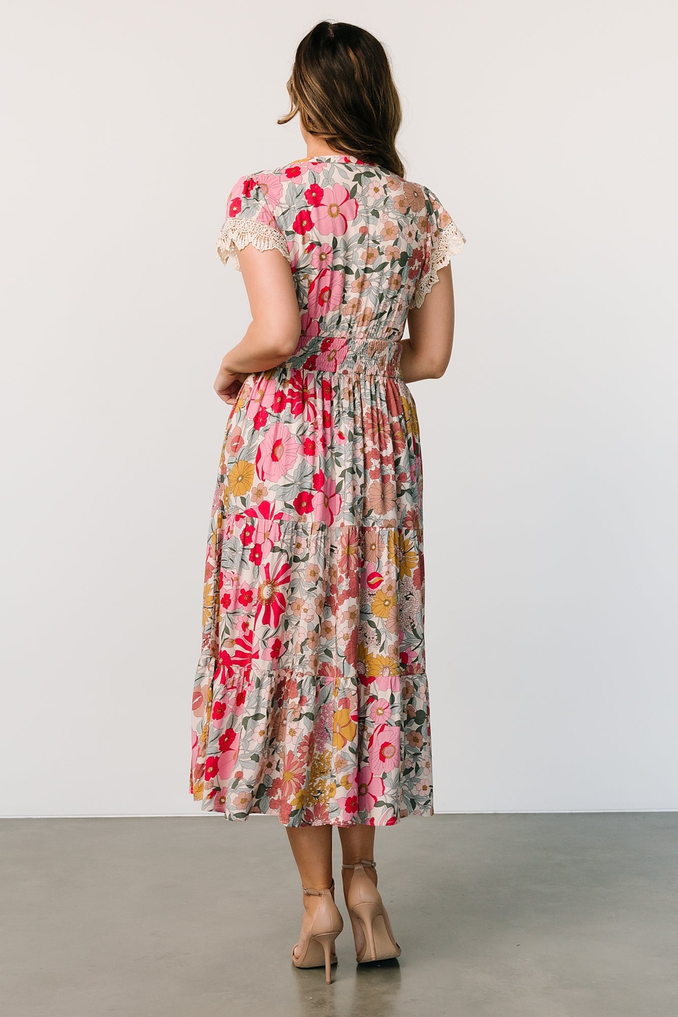 Cream Multi Floral Midi Dress with Lace Detailing & Side Pockets | Baltic Born