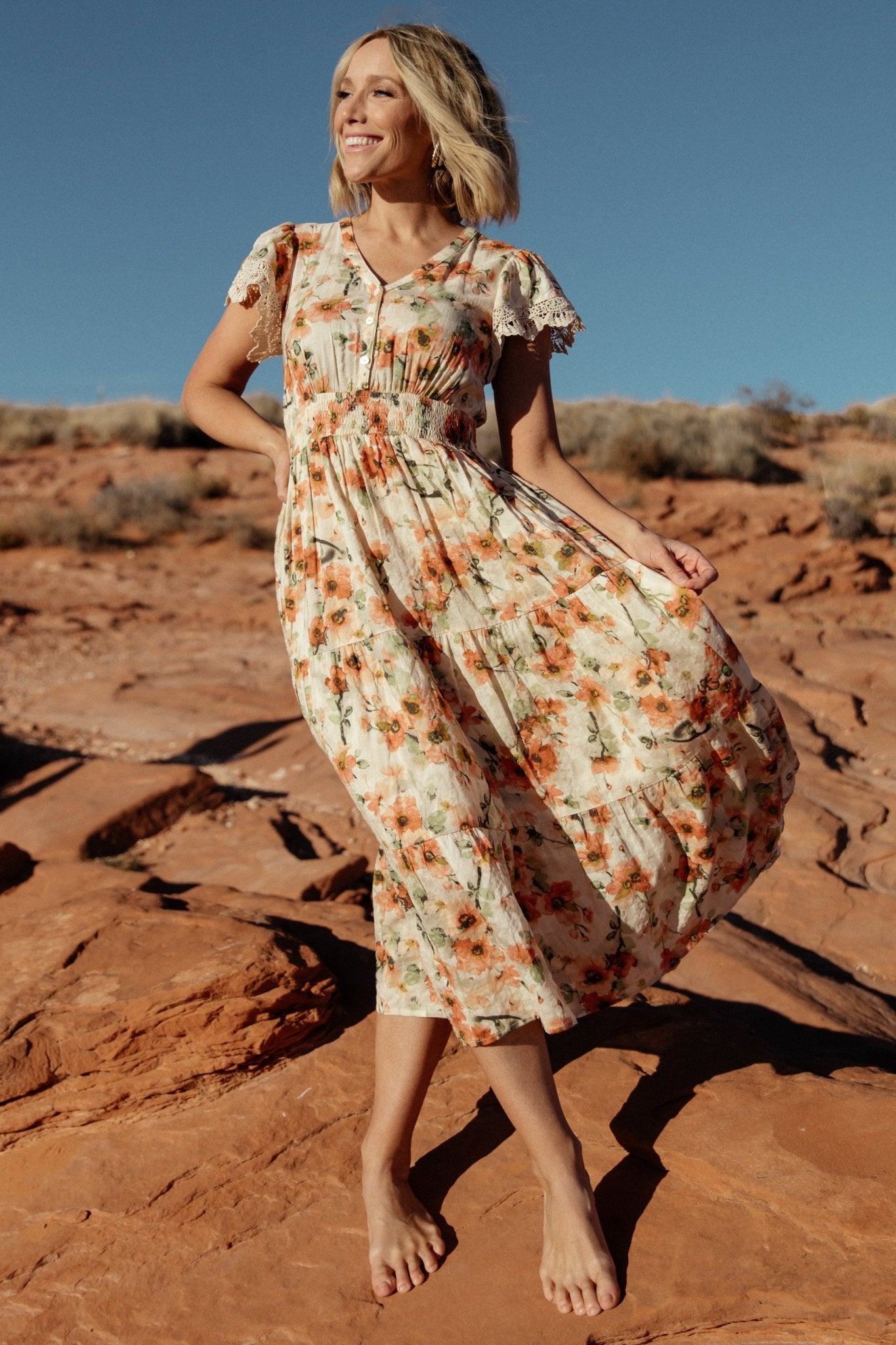 Floral Midi Dress with V-Neck & Lace Sleeves | Baltic Born