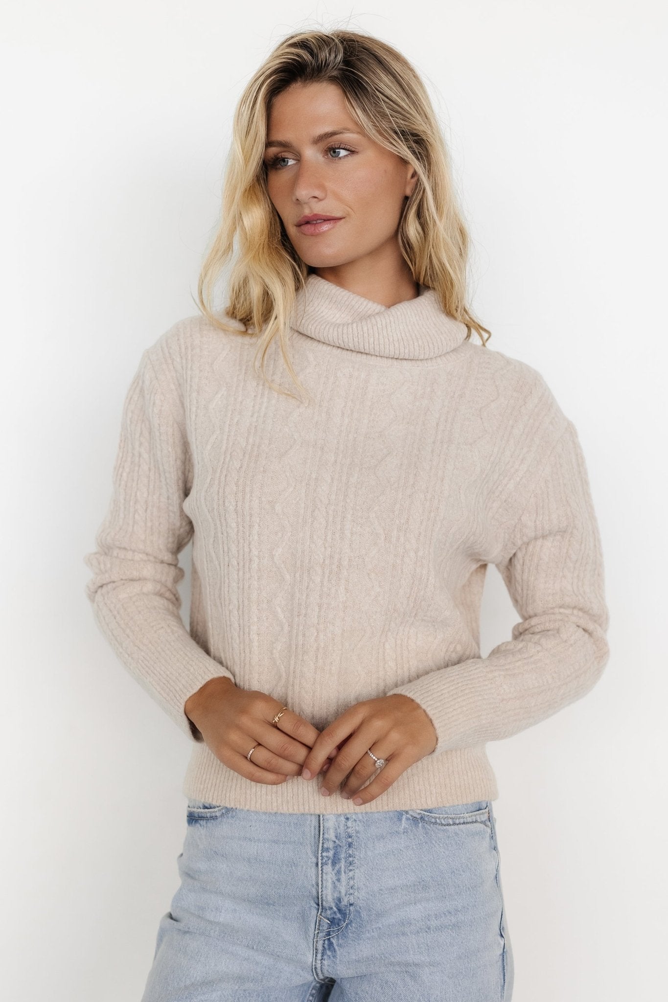 Beige Turtleneck Sweater with Braid & Zigzag Pattern | Luxembourg