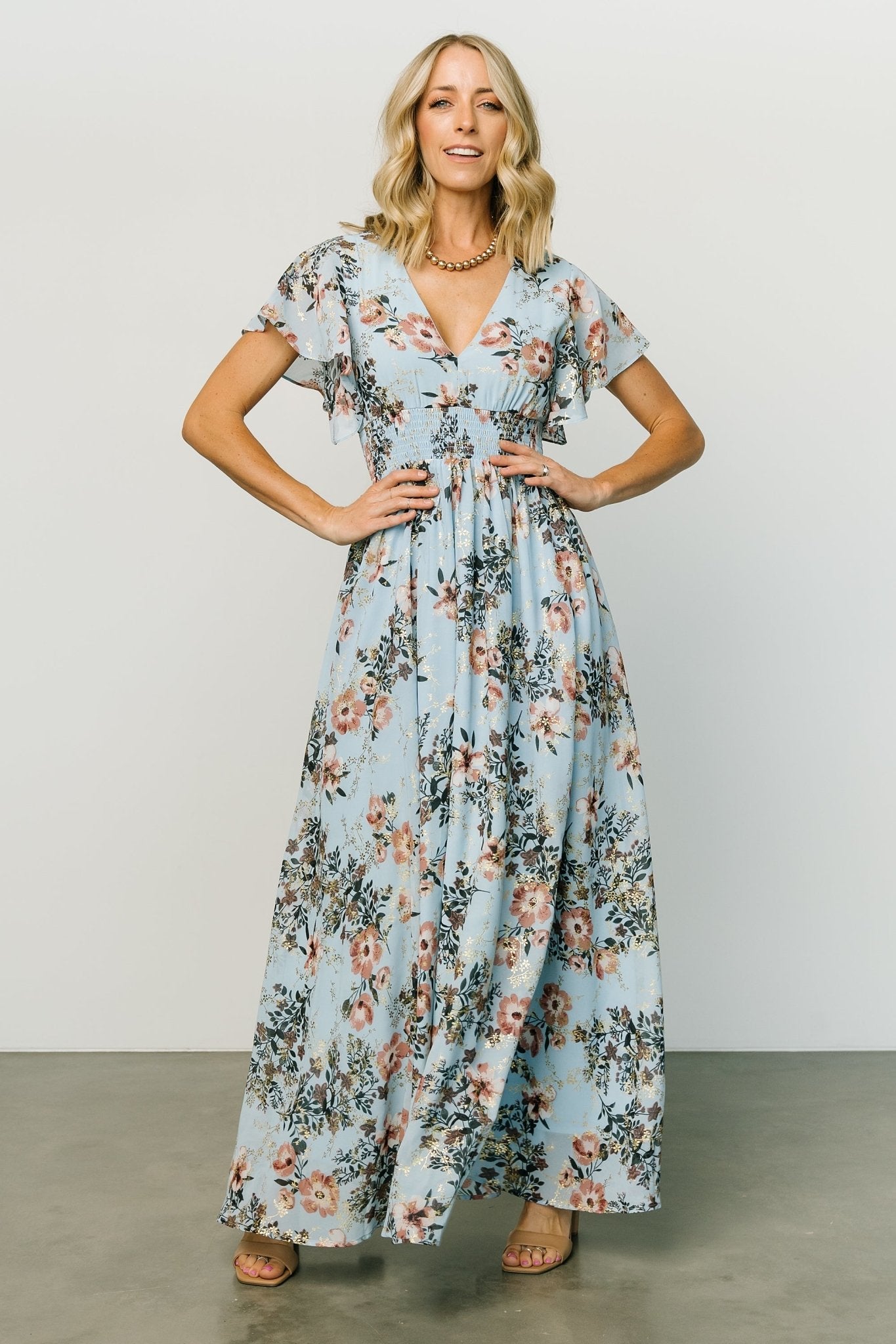 Light Blue Metallic Maxi Dress with V-Neck & Smocked Waist | Lynlee