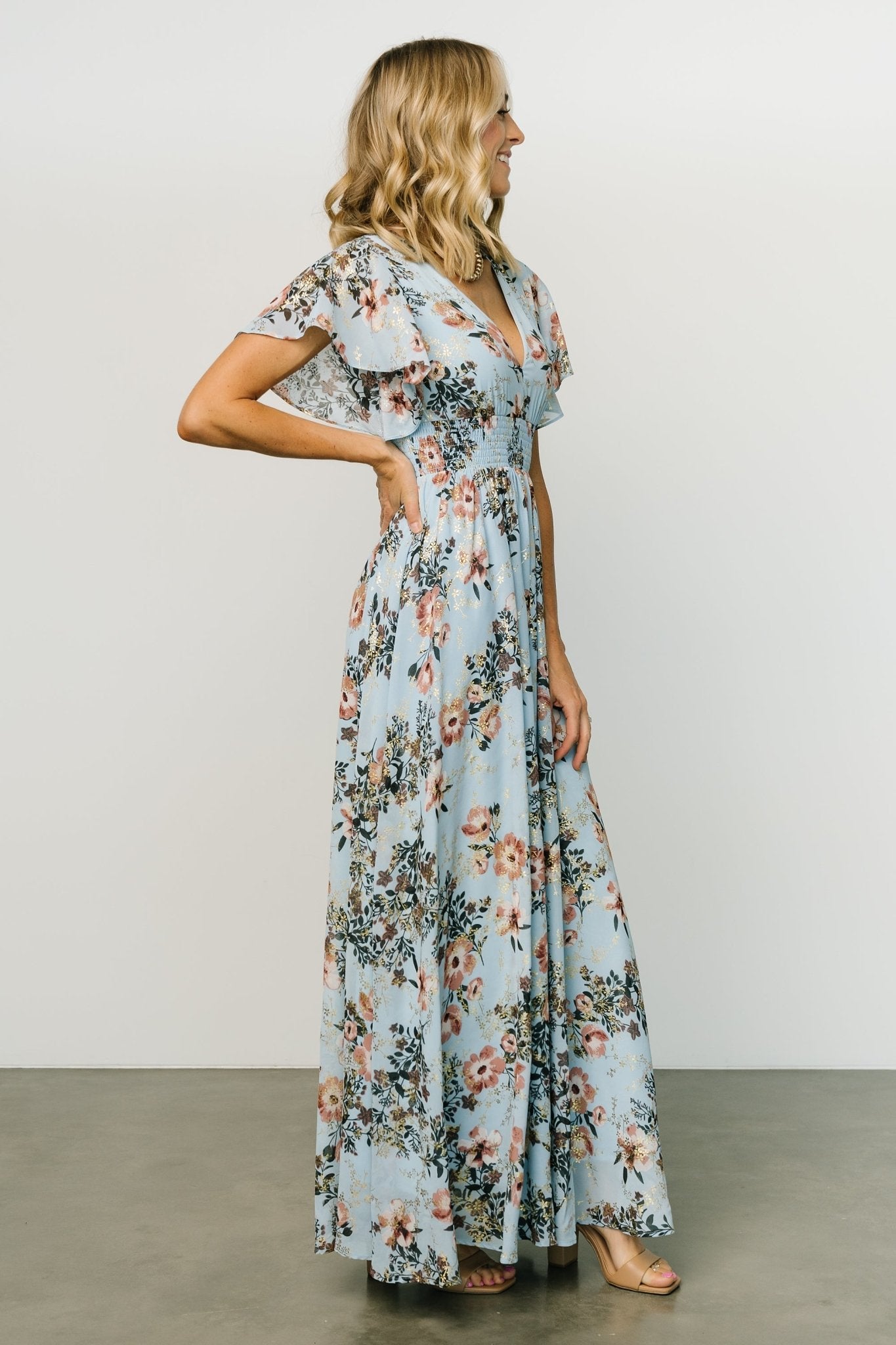 Light Blue Metallic Maxi Dress with V-Neck & Smocked Waist | Lynlee