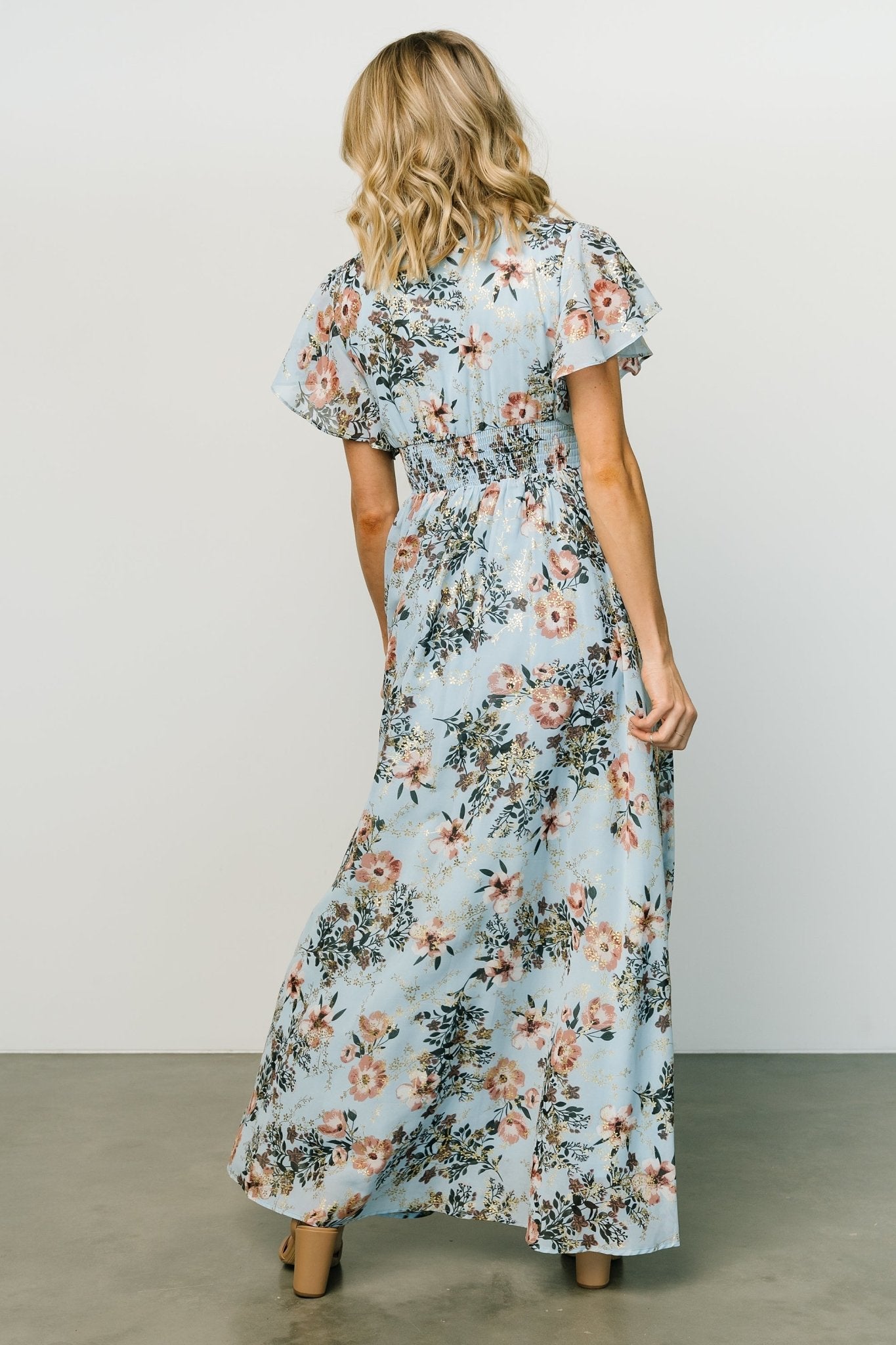 Light Blue Metallic Maxi Dress with V-Neck & Smocked Waist | Lynlee