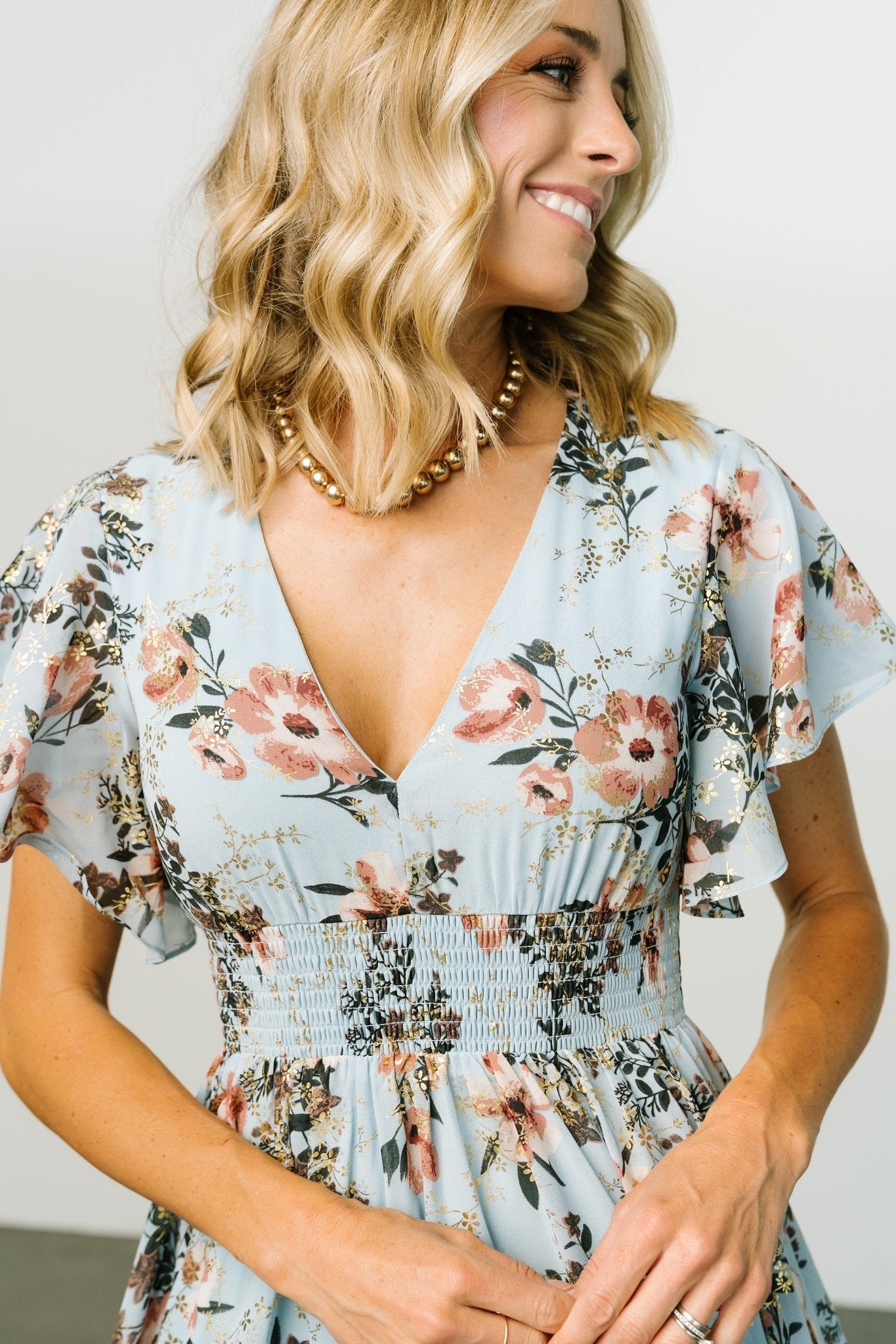 Light Blue Metallic Maxi Dress with V-Neck & Smocked Waist | Lynlee