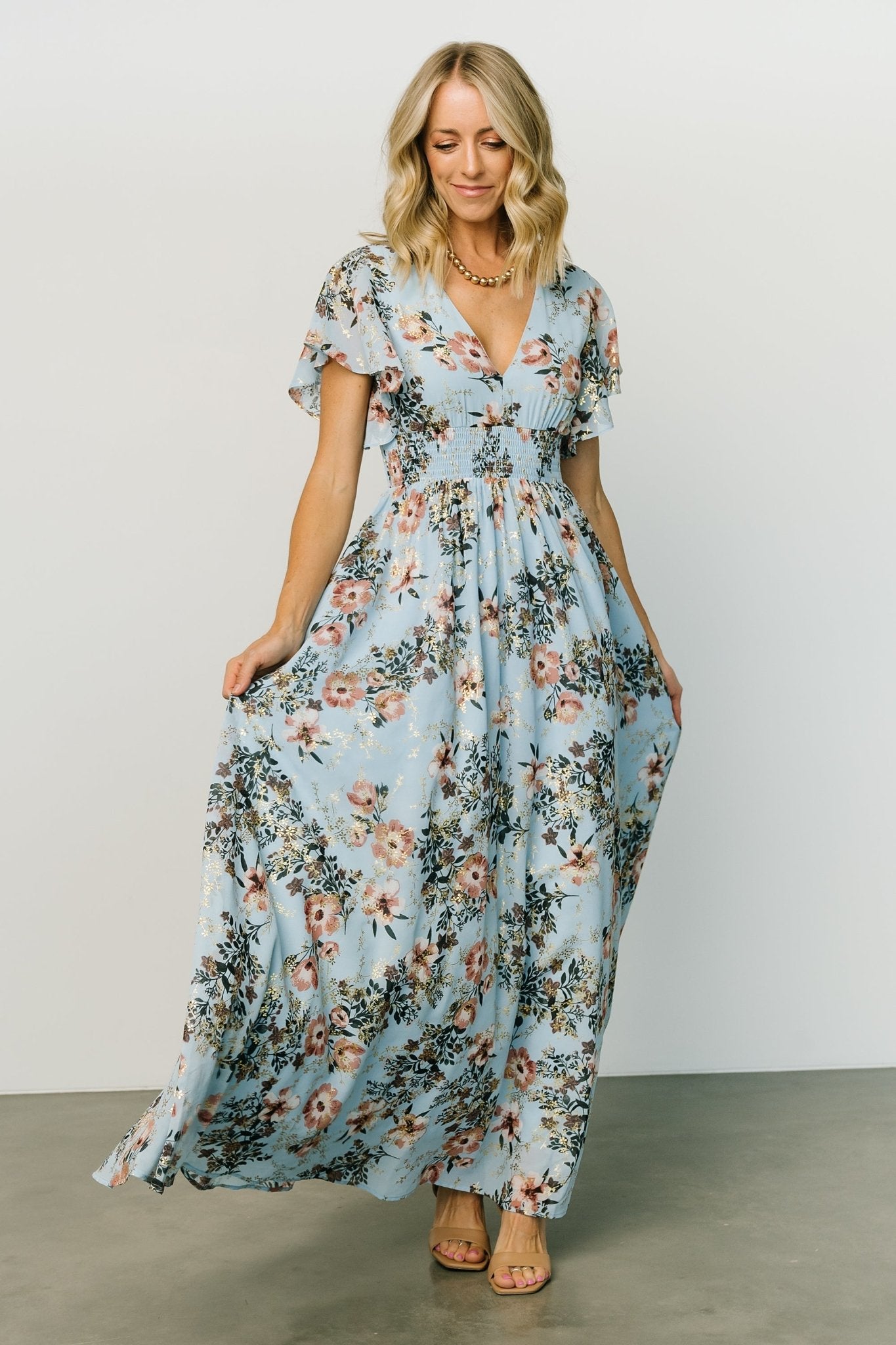 Light Blue Metallic Maxi Dress with V-Neck & Smocked Waist | Lynlee