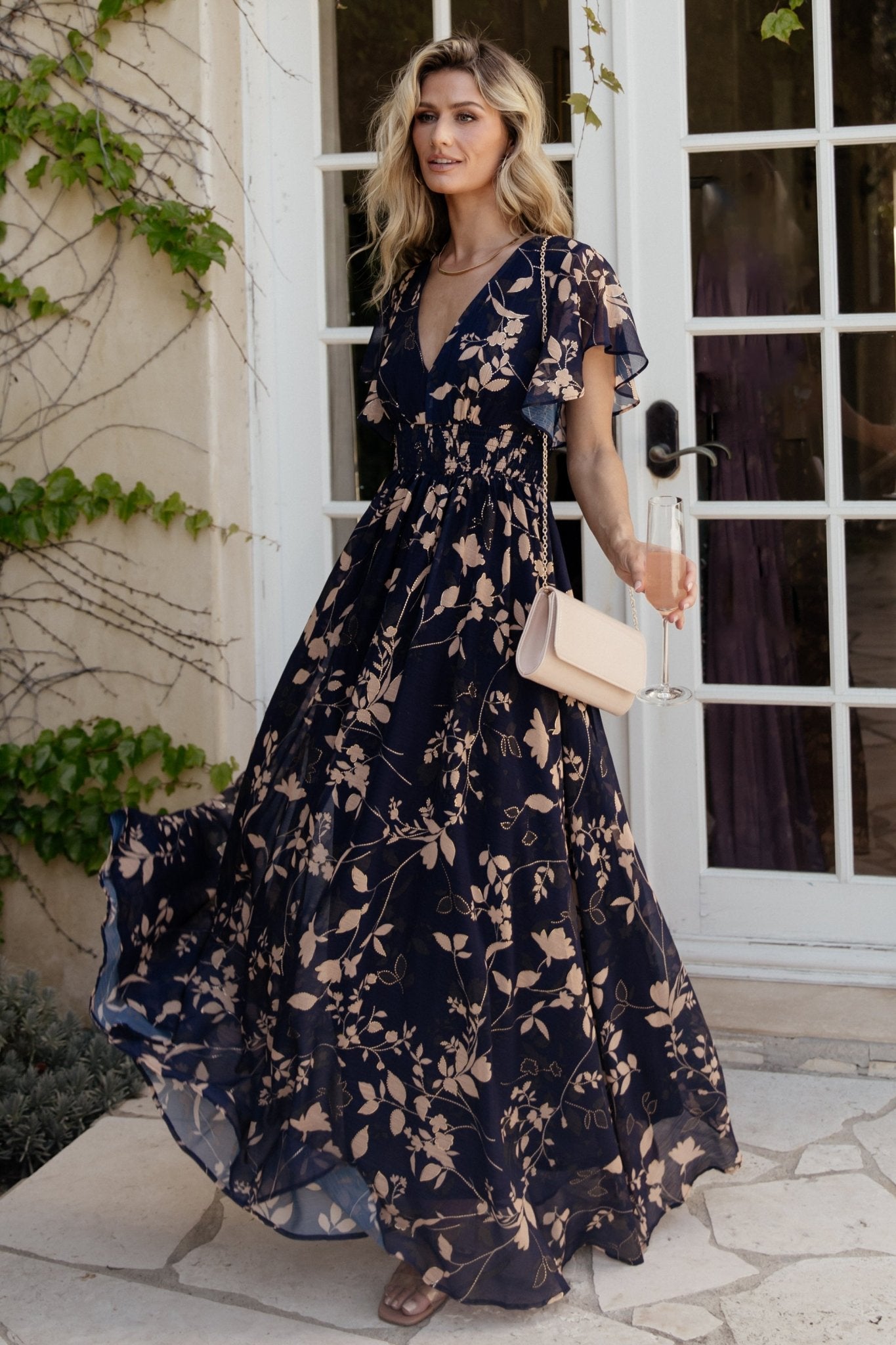 Metallic Maxi Dress with Smocked Waist & V-Neck | Lynlee Navy