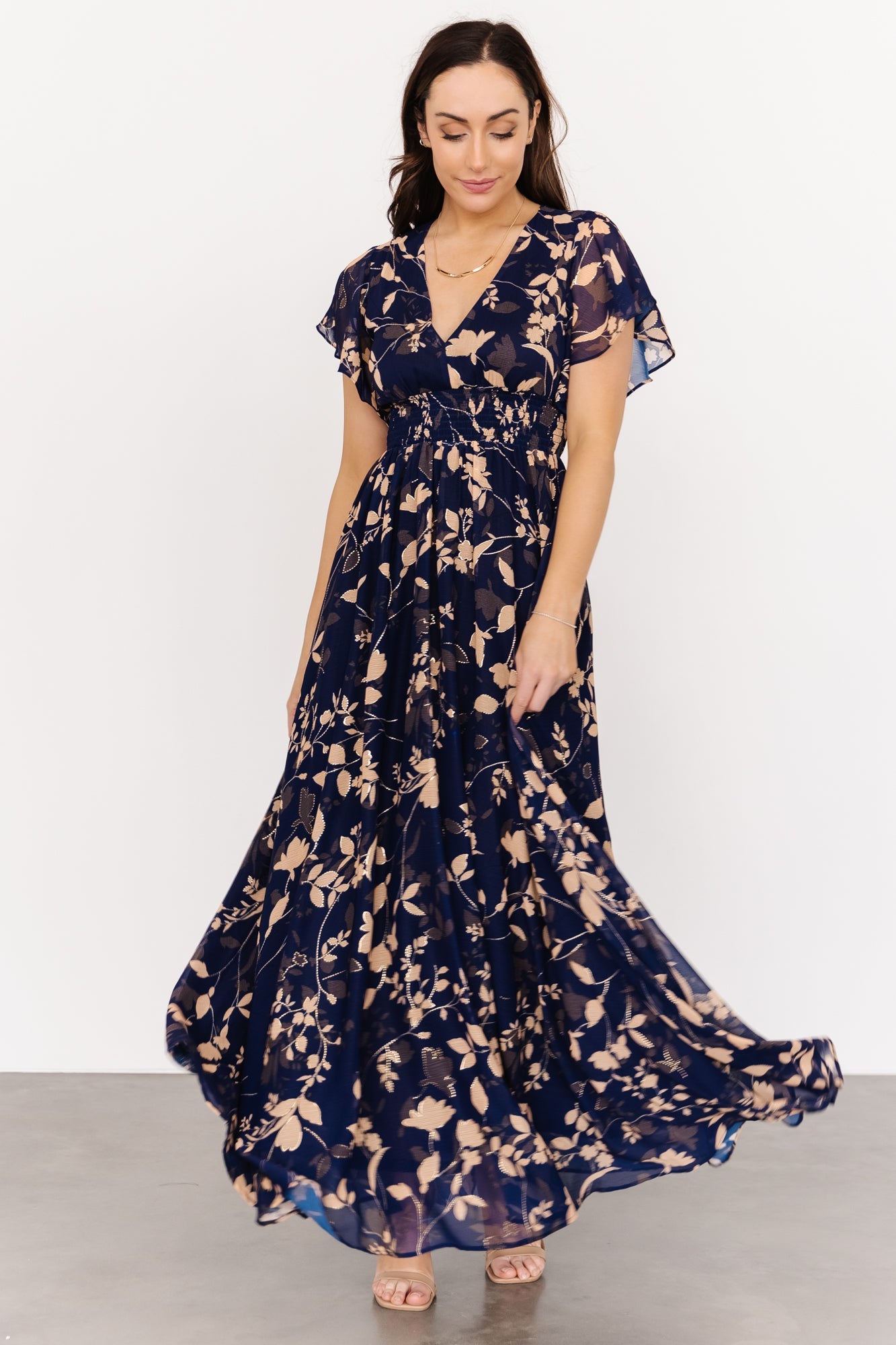 Metallic Maxi Dress with Smocked Waist & V-Neck | Lynlee Navy
