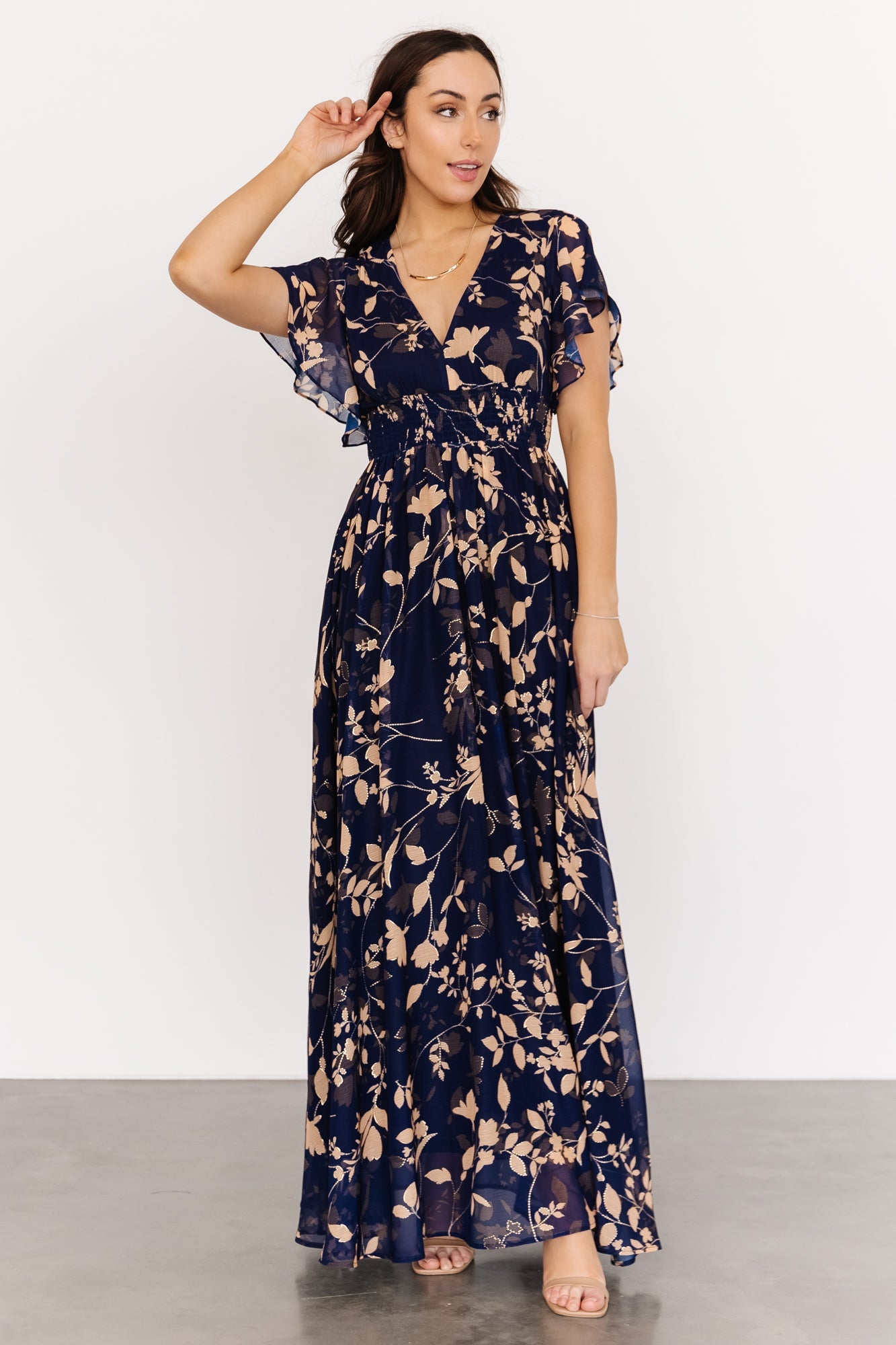 Metallic Maxi Dress with Smocked Waist & V-Neck | Lynlee Navy