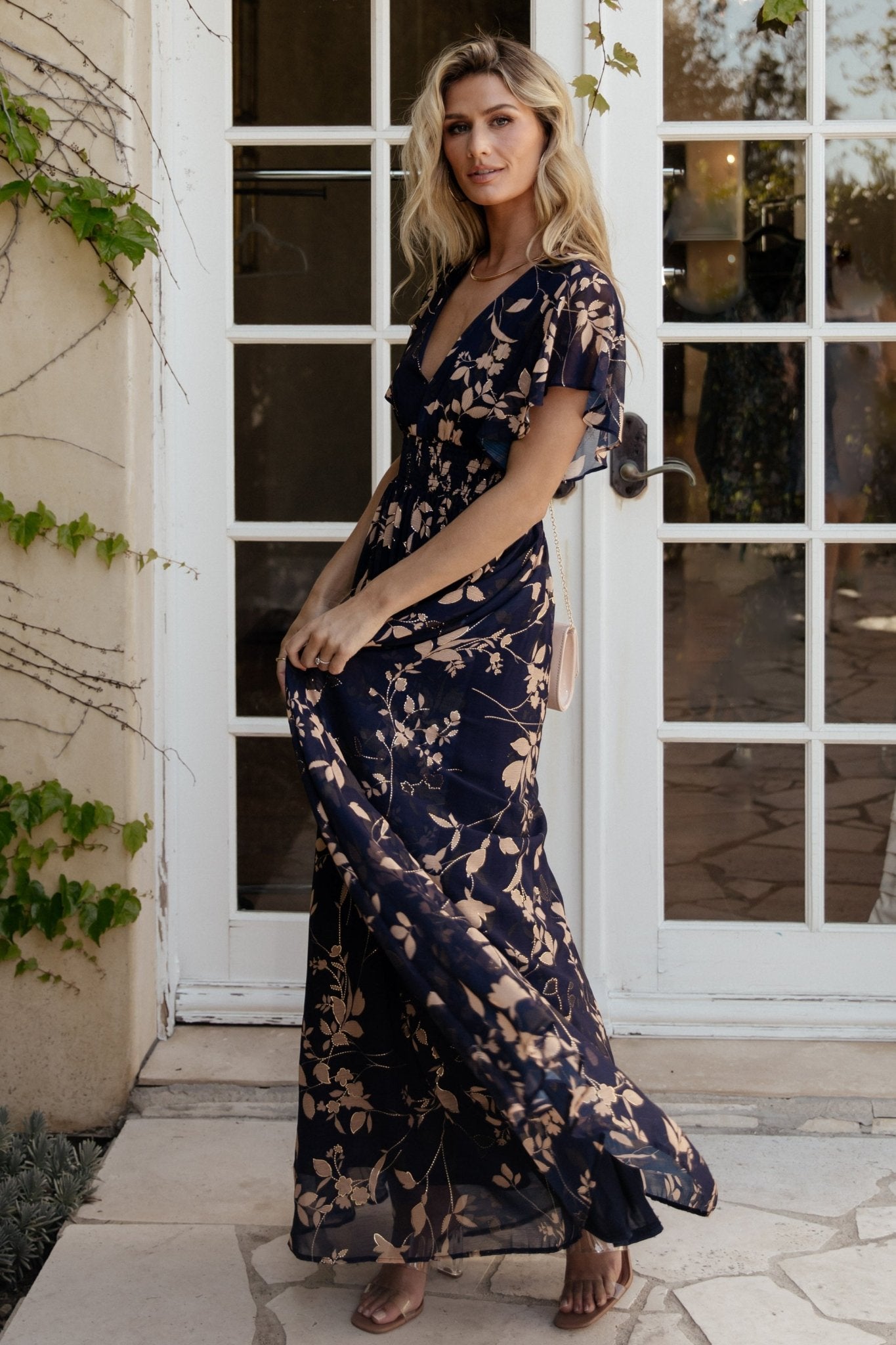 Metallic Maxi Dress with Smocked Waist & V-Neck | Lynlee Navy