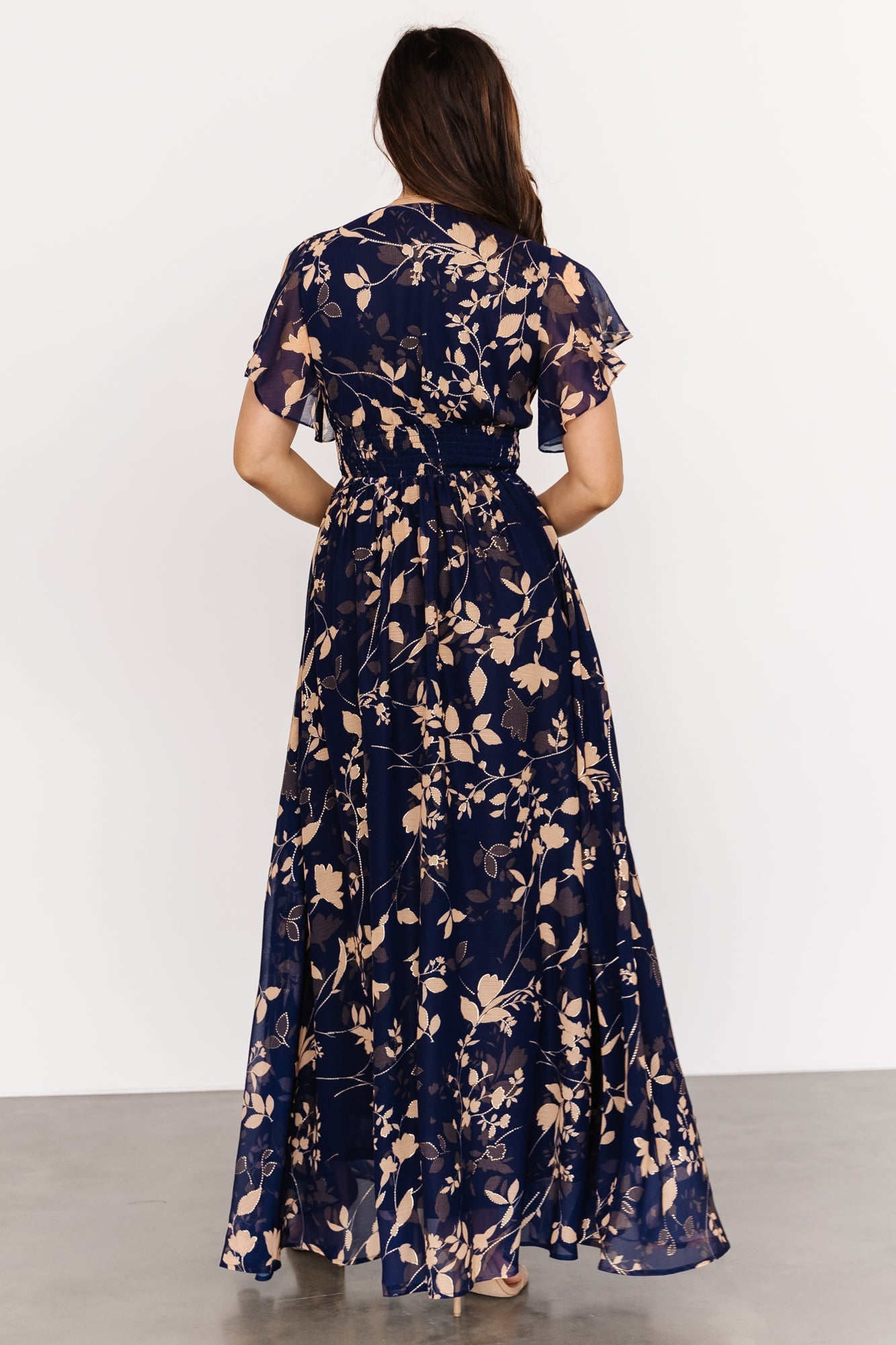 Metallic Maxi Dress with Smocked Waist & V-Neck | Lynlee Navy
