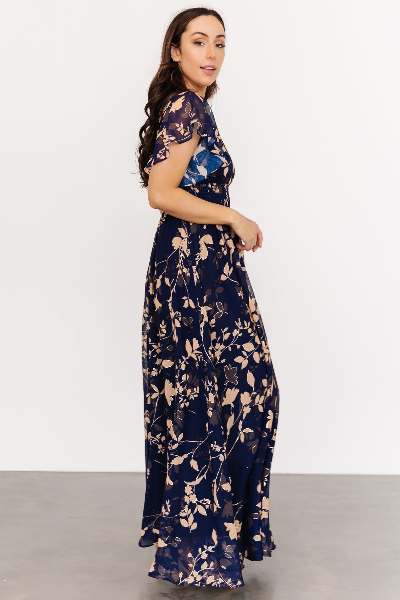 Metallic Maxi Dress with Smocked Waist & V-Neck | Lynlee Navy