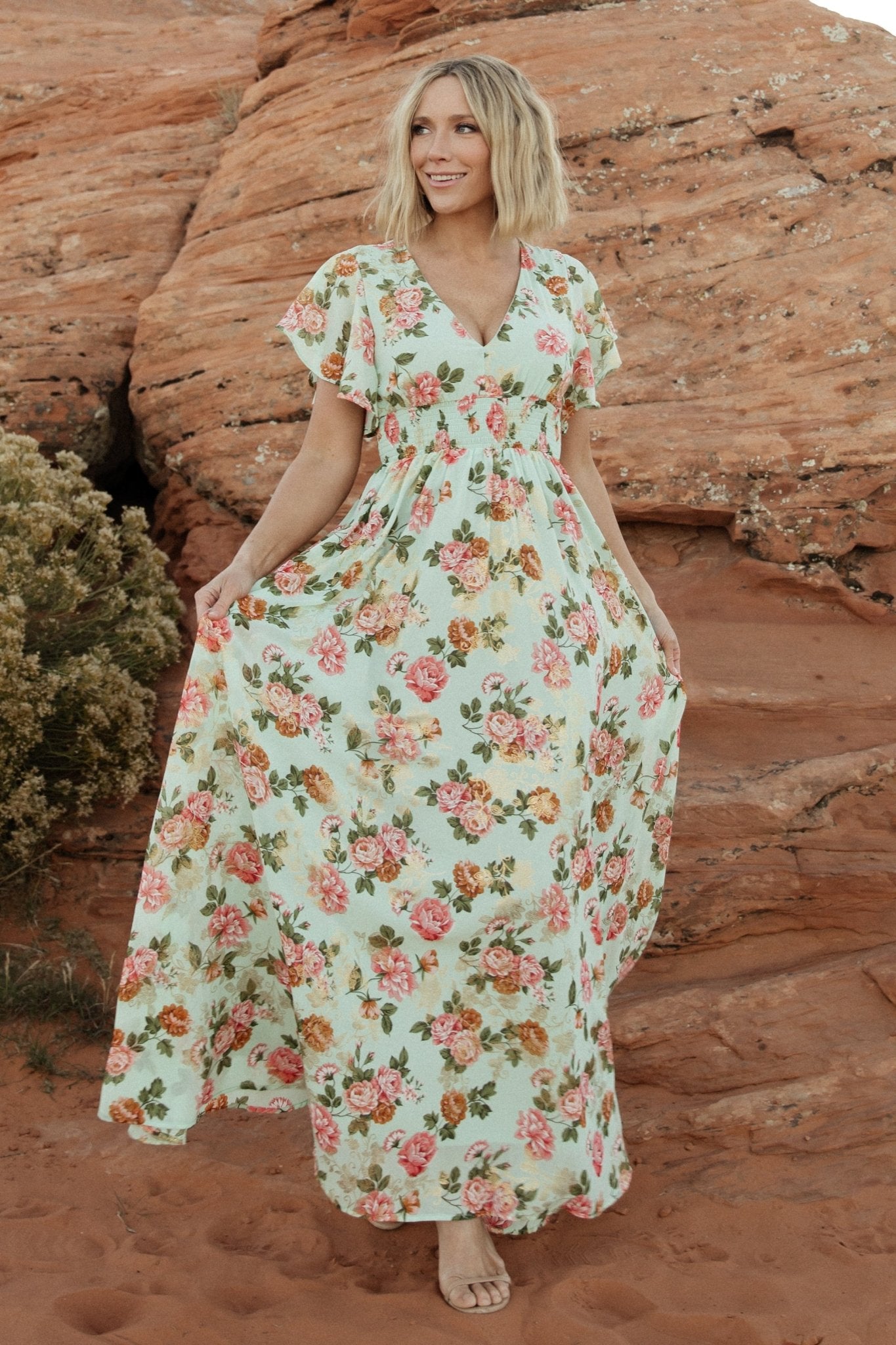 Metallic Maxi Dress with V-Neck & Flutter Sleeves | Baltic Born