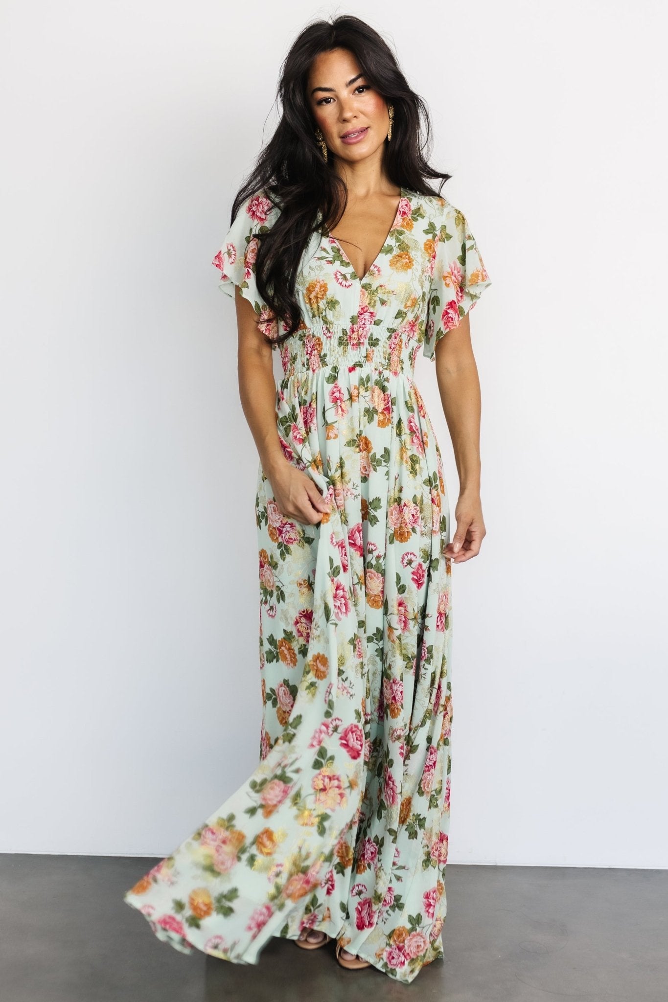 Metallic Maxi Dress with V-Neck & Flutter Sleeves | Baltic Born