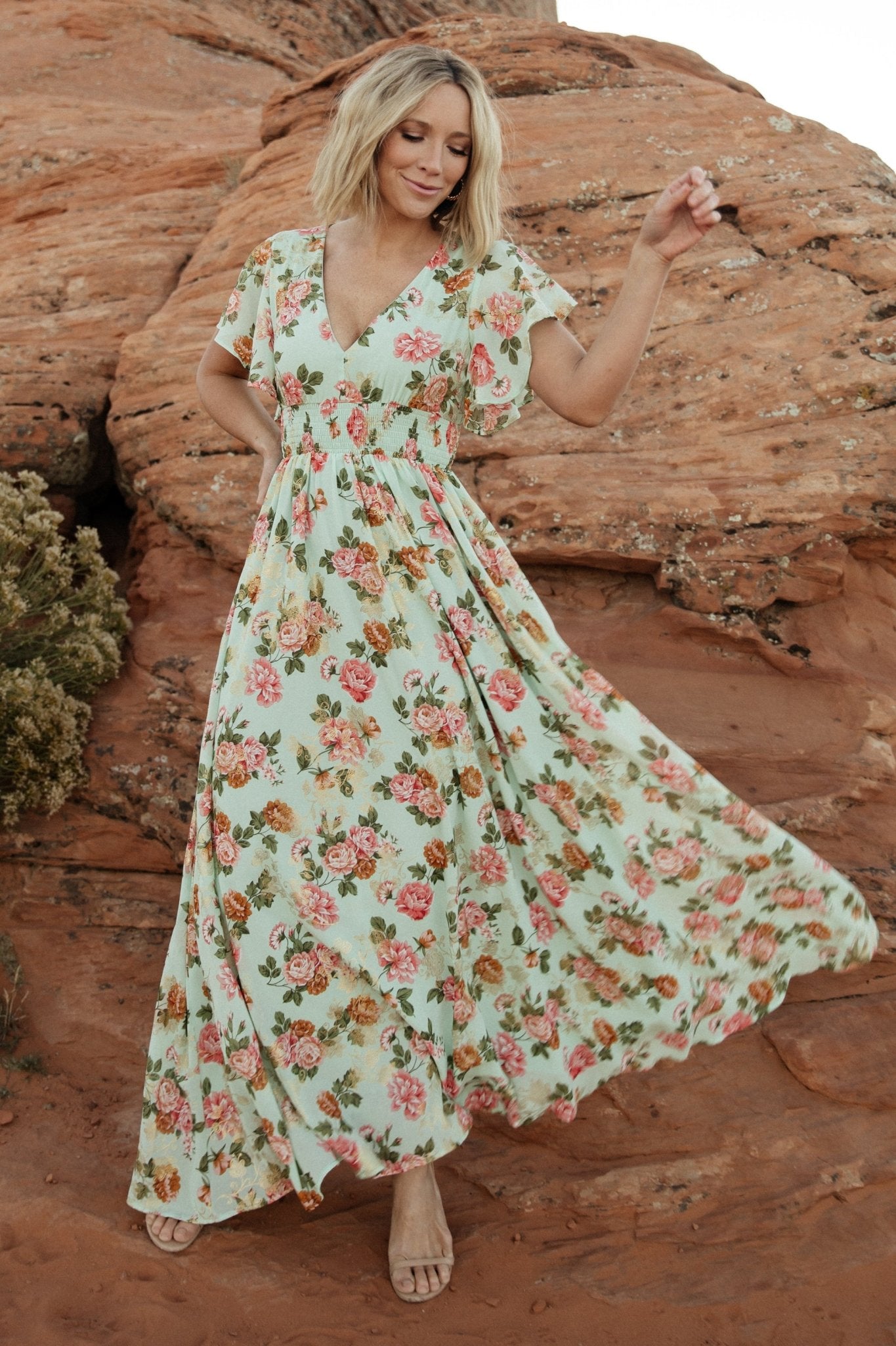 Metallic Maxi Dress with V-Neck & Flutter Sleeves | Baltic Born