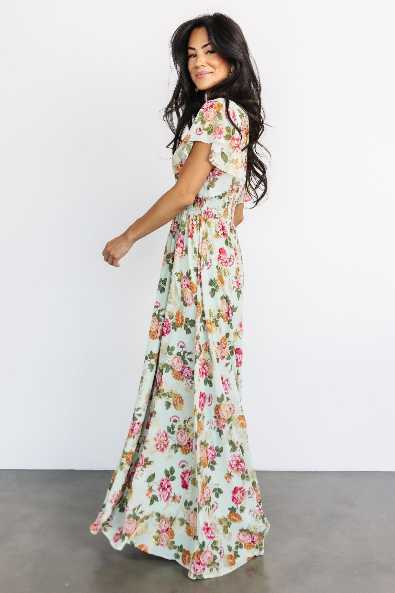 Metallic Maxi Dress with V-Neck & Flutter Sleeves | Baltic Born
