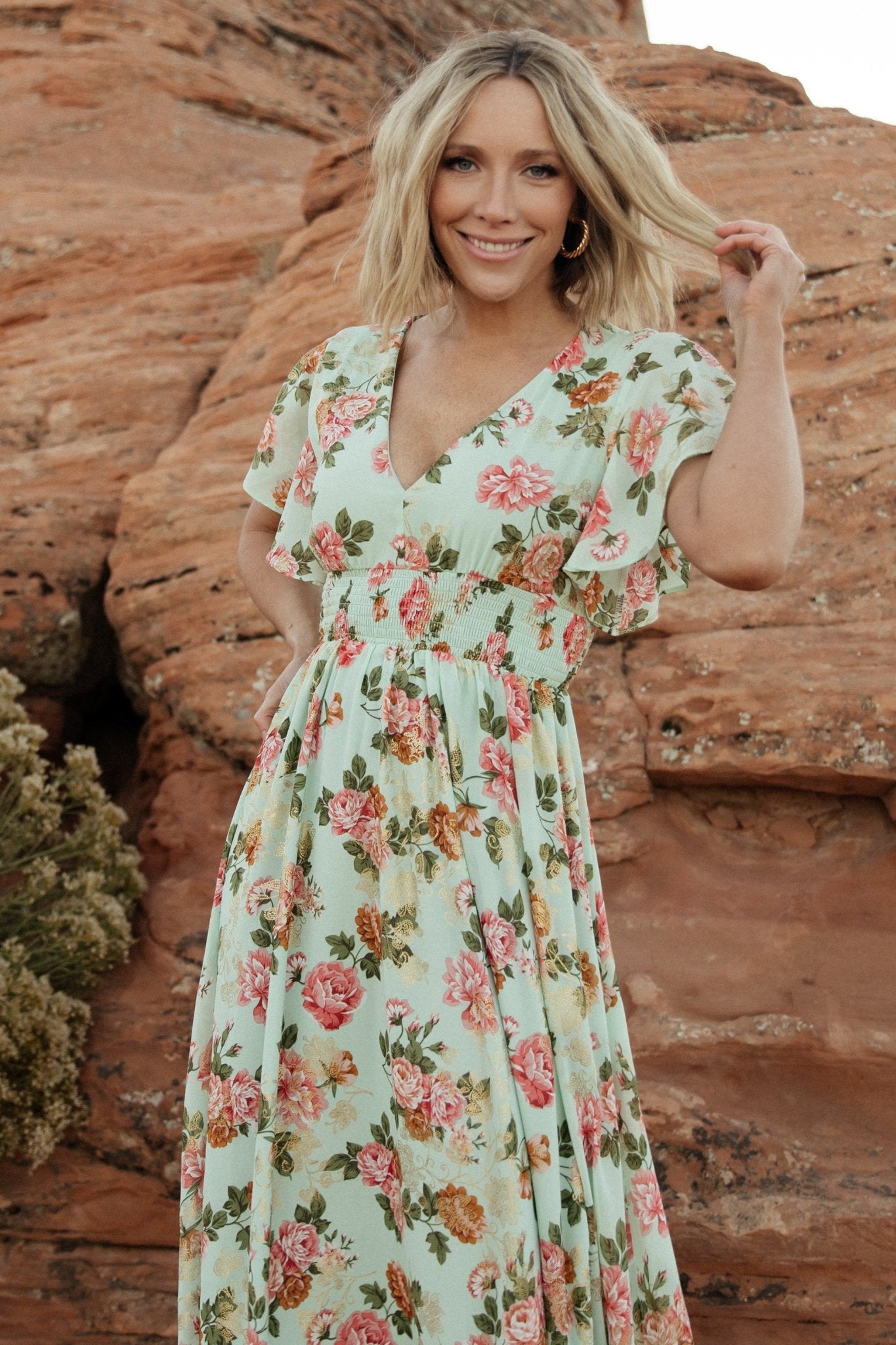 Metallic Maxi Dress with V-Neck & Flutter Sleeves | Baltic Born