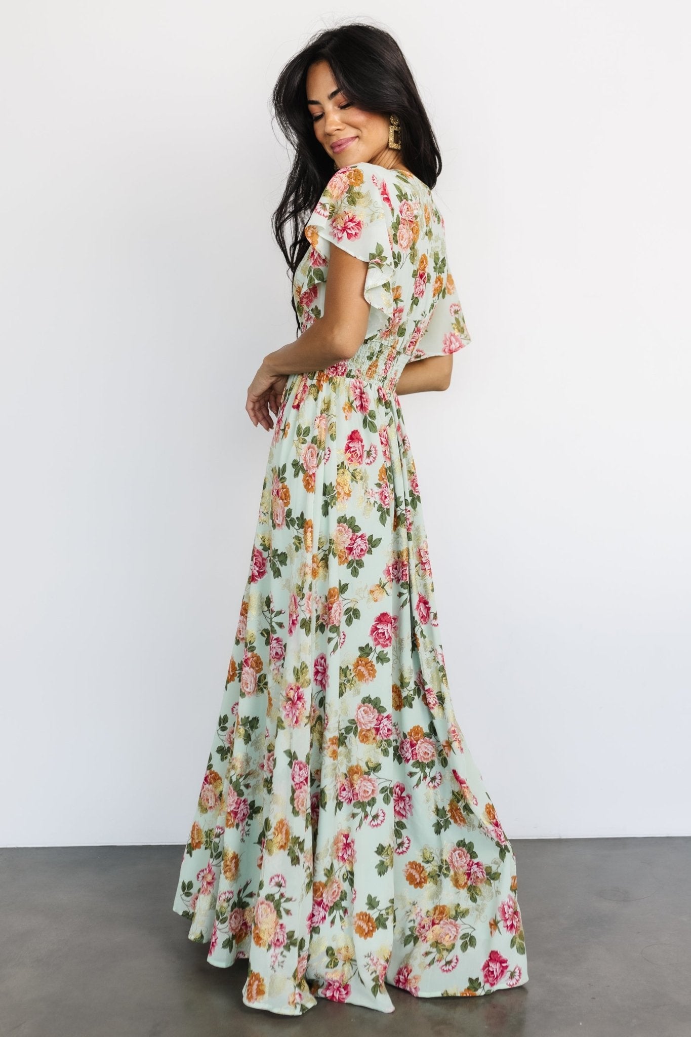 Metallic Maxi Dress with V-Neck & Flutter Sleeves | Baltic Born