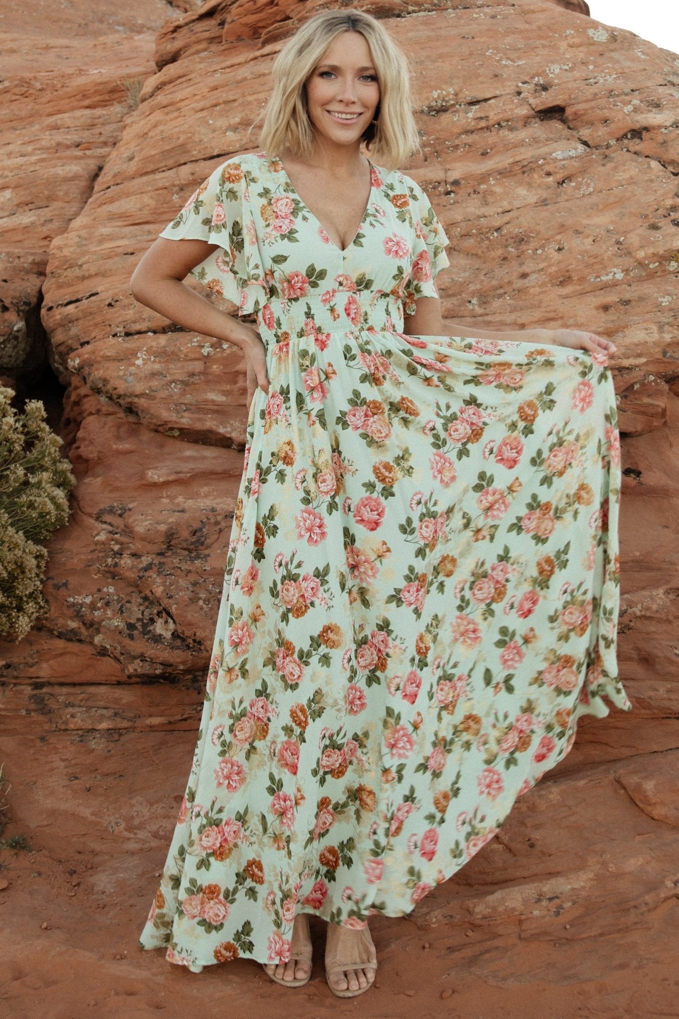 Metallic Maxi Dress with V-Neck & Flutter Sleeves | Baltic Born