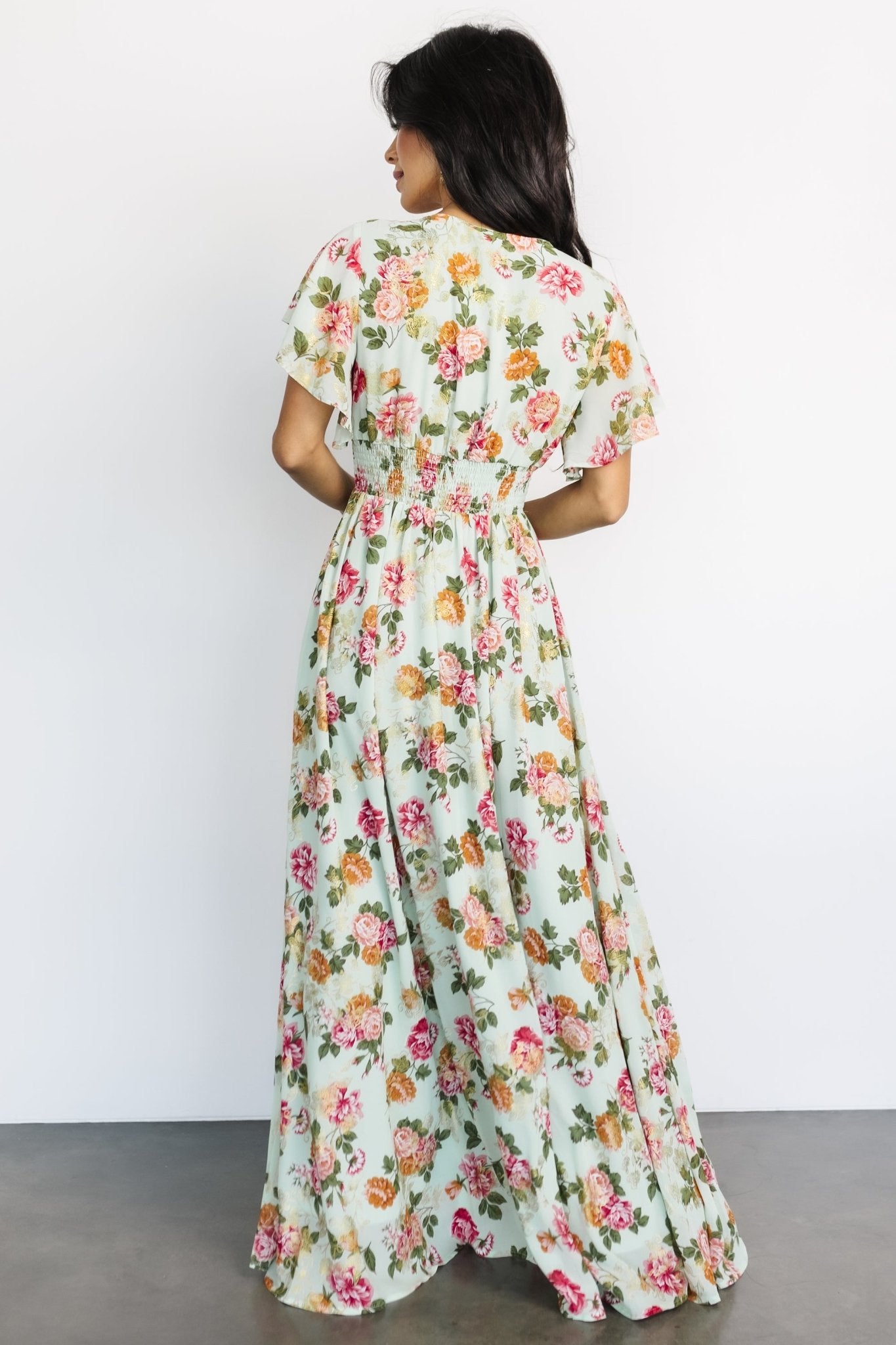 Metallic Maxi Dress with V-Neck & Flutter Sleeves | Baltic Born