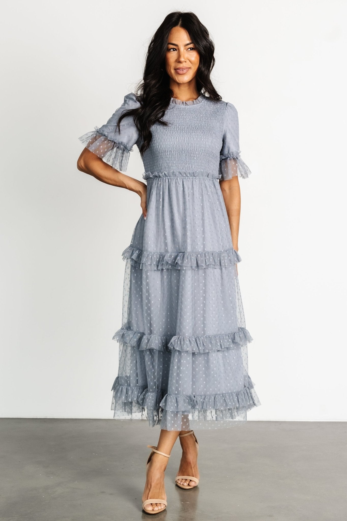 Smocked Polka Dot Midi Dress with Ruffles | Lysandra