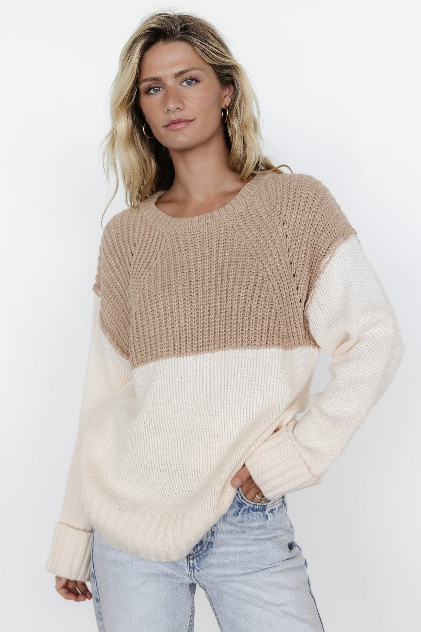 Chunky Knit Sweater with Dropped Shoulder & Cuffed Hem | Mabel Cream & Taupe