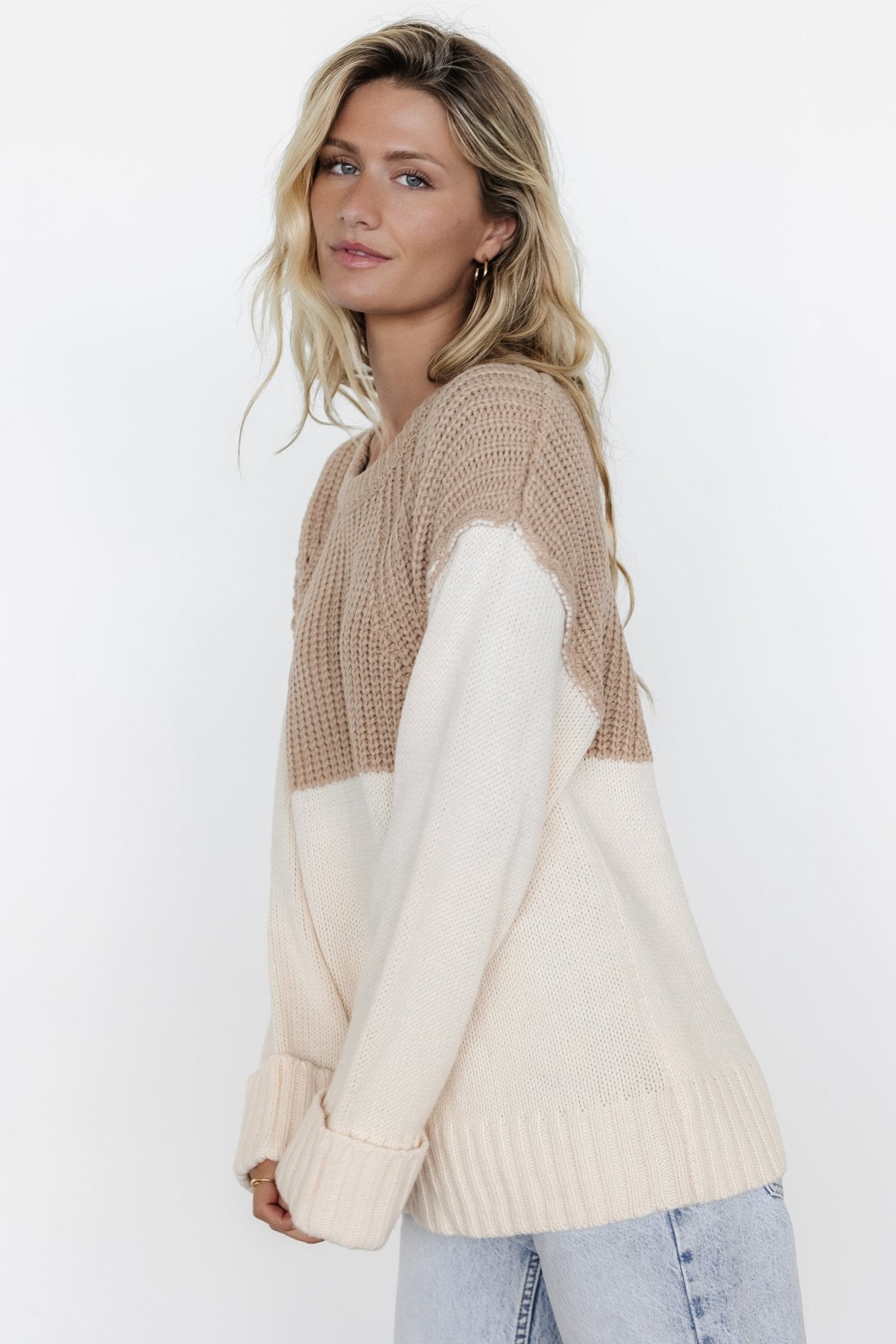 Chunky Knit Sweater with Dropped Shoulder & Cuffed Hem | Mabel Cream & Taupe