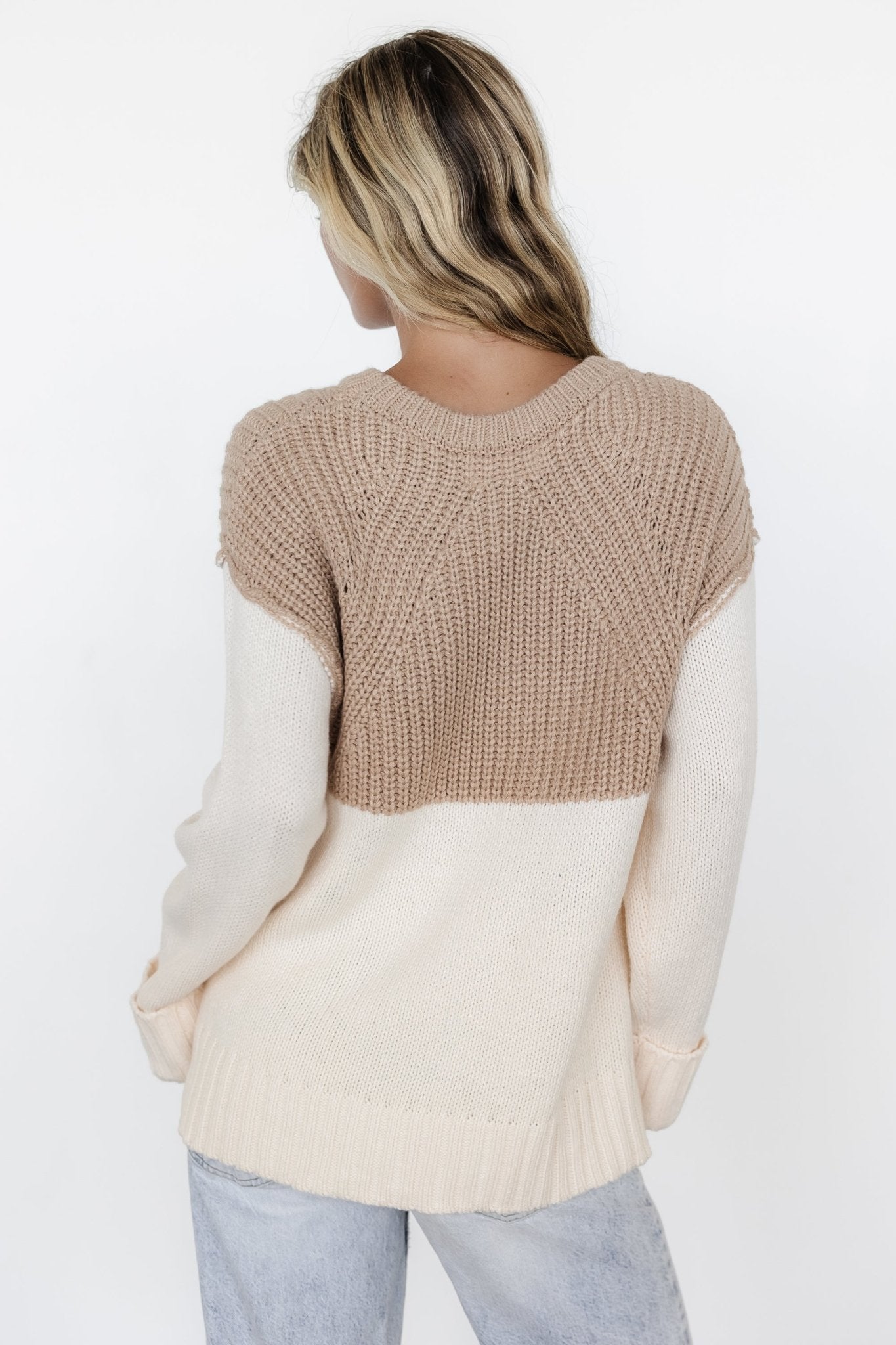 Chunky Knit Sweater with Dropped Shoulder & Cuffed Hem | Mabel Cream & Taupe