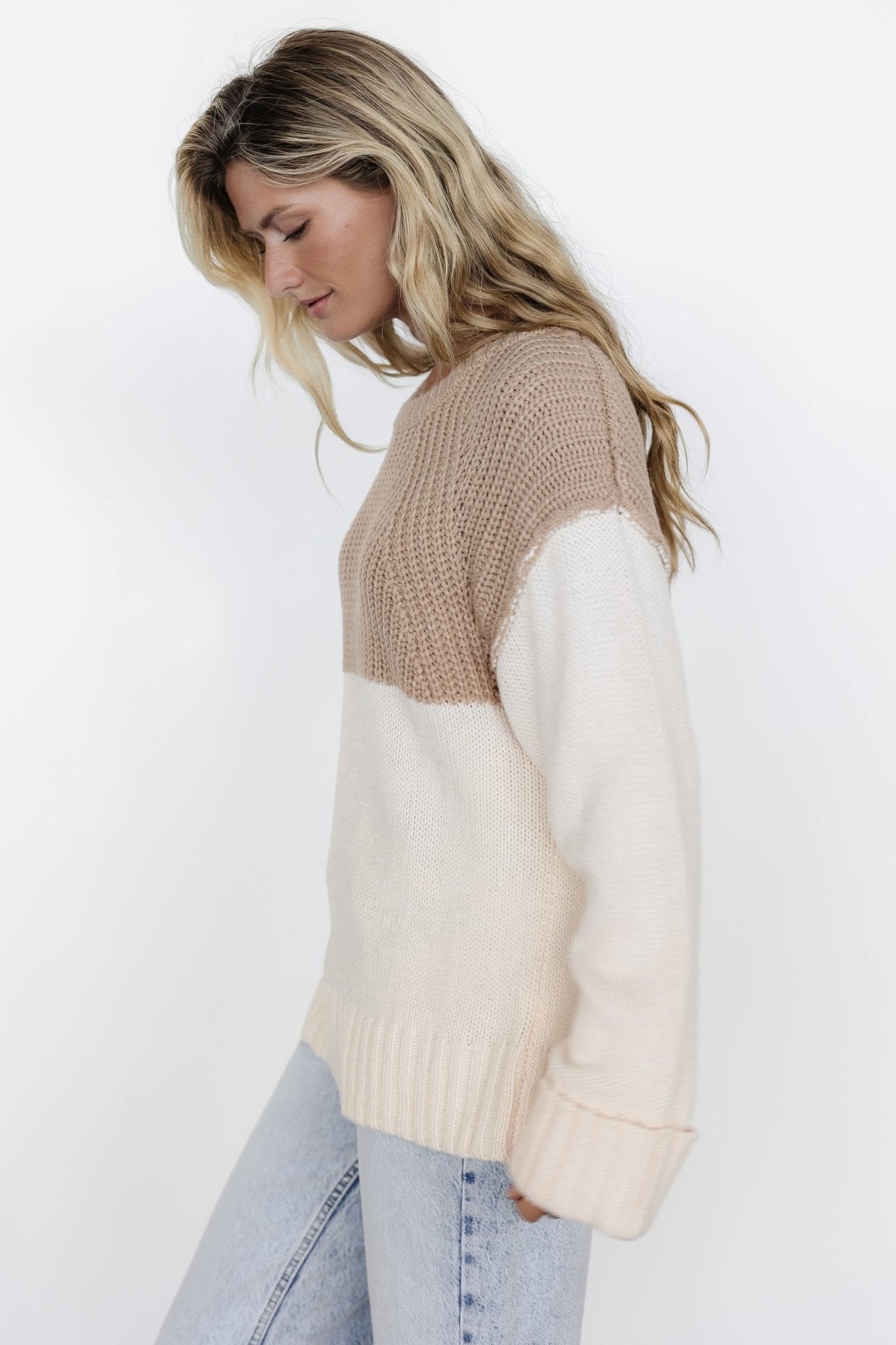 Chunky Knit Sweater with Dropped Shoulder & Cuffed Hem | Mabel Cream & Taupe