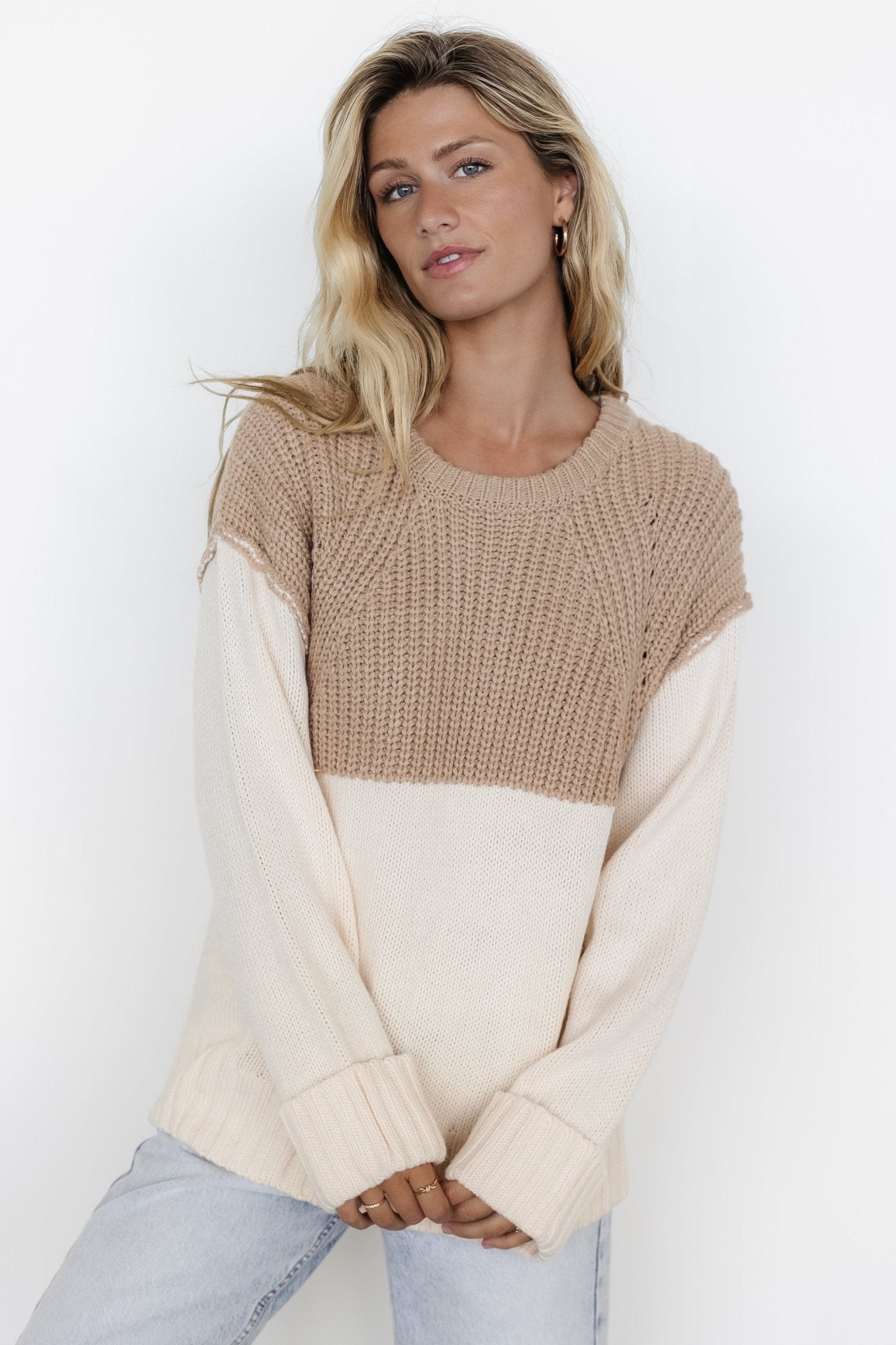 Chunky Knit Sweater with Dropped Shoulder & Cuffed Hem | Mabel Cream & Taupe
