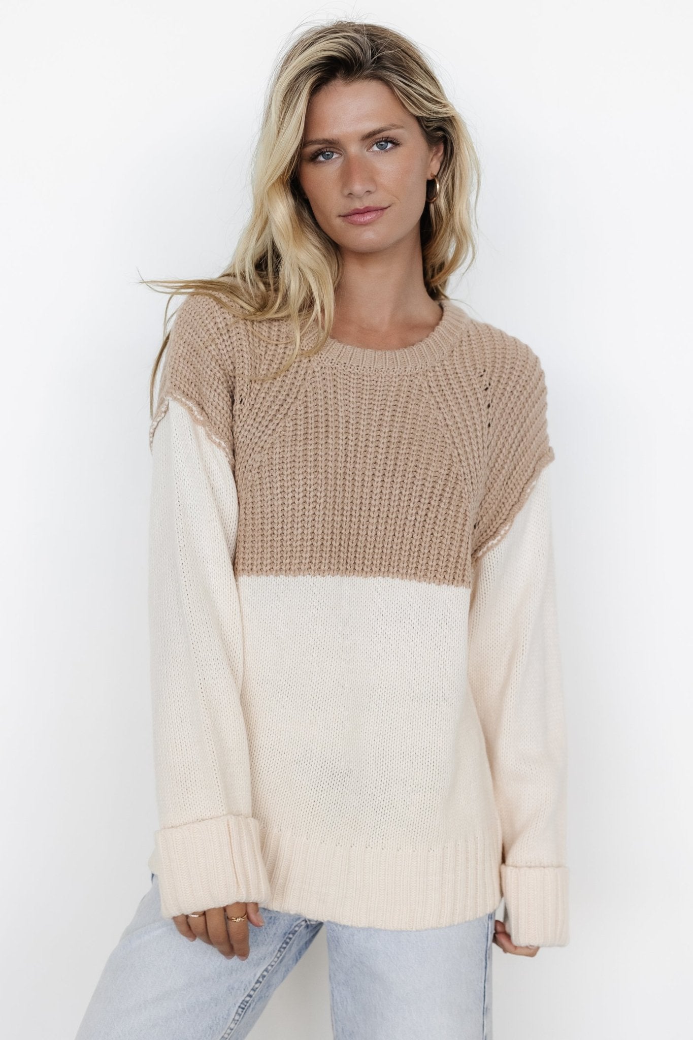 Chunky Knit Sweater with Dropped Shoulder & Cuffed Hem | Mabel Cream & Taupe