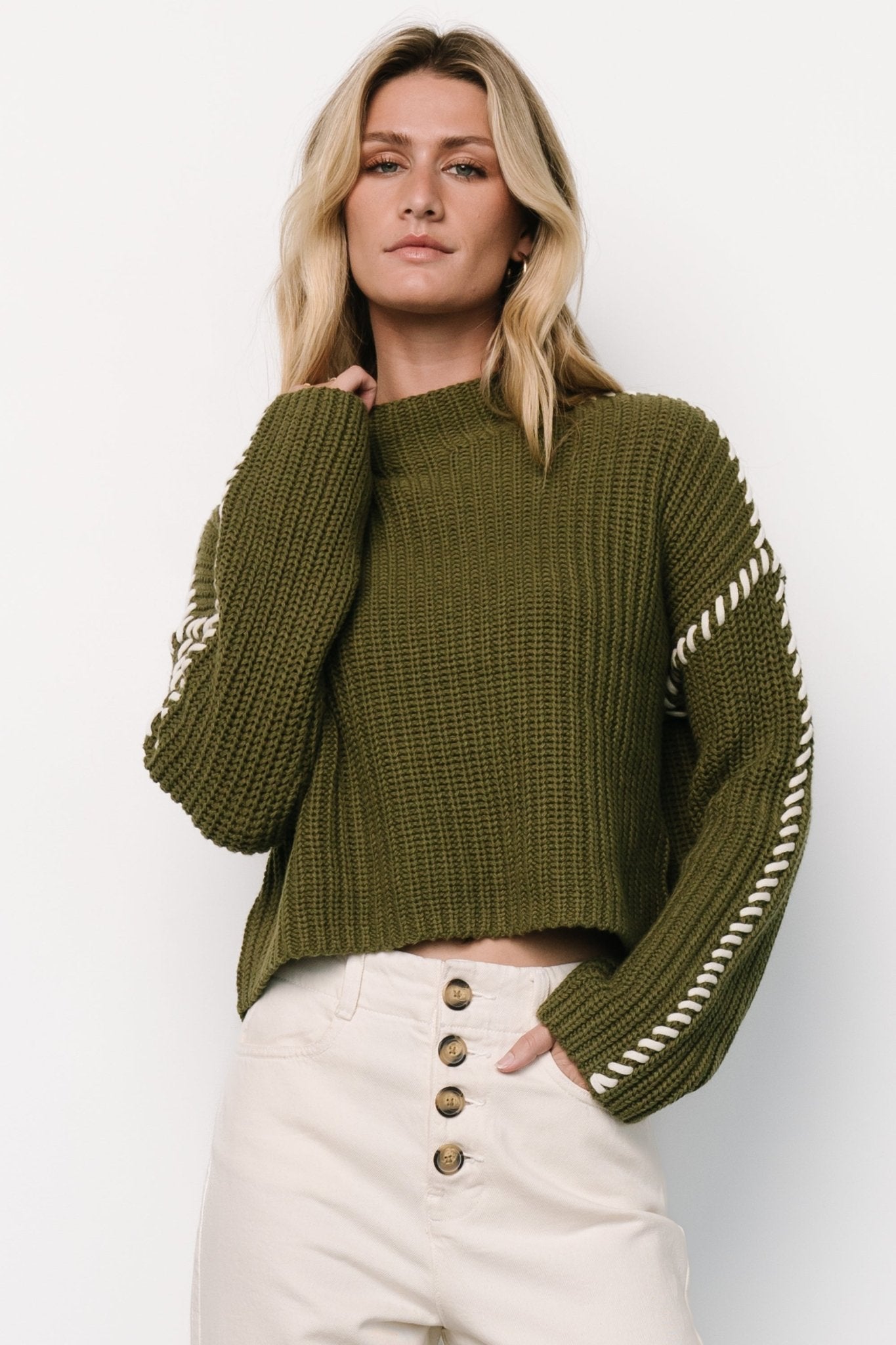 Cozy Cropped Knit Sweater in Olive Green | Mock Turtleneck & Drop Shoulder