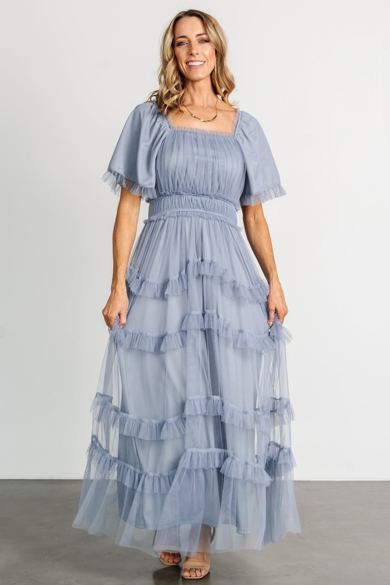 Dusty Blue Tulle Maxi Dress with Ruffles & Square Neckline | Baltic Born
