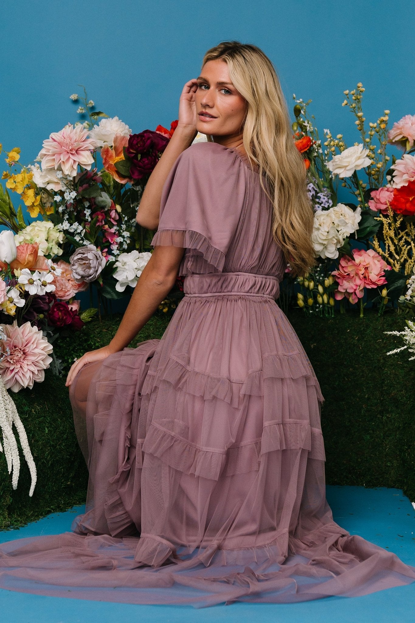 Square Ruffles Tulle Maxi Dress with Ruffles & Square Neckline | Magdalena - Baltic Born