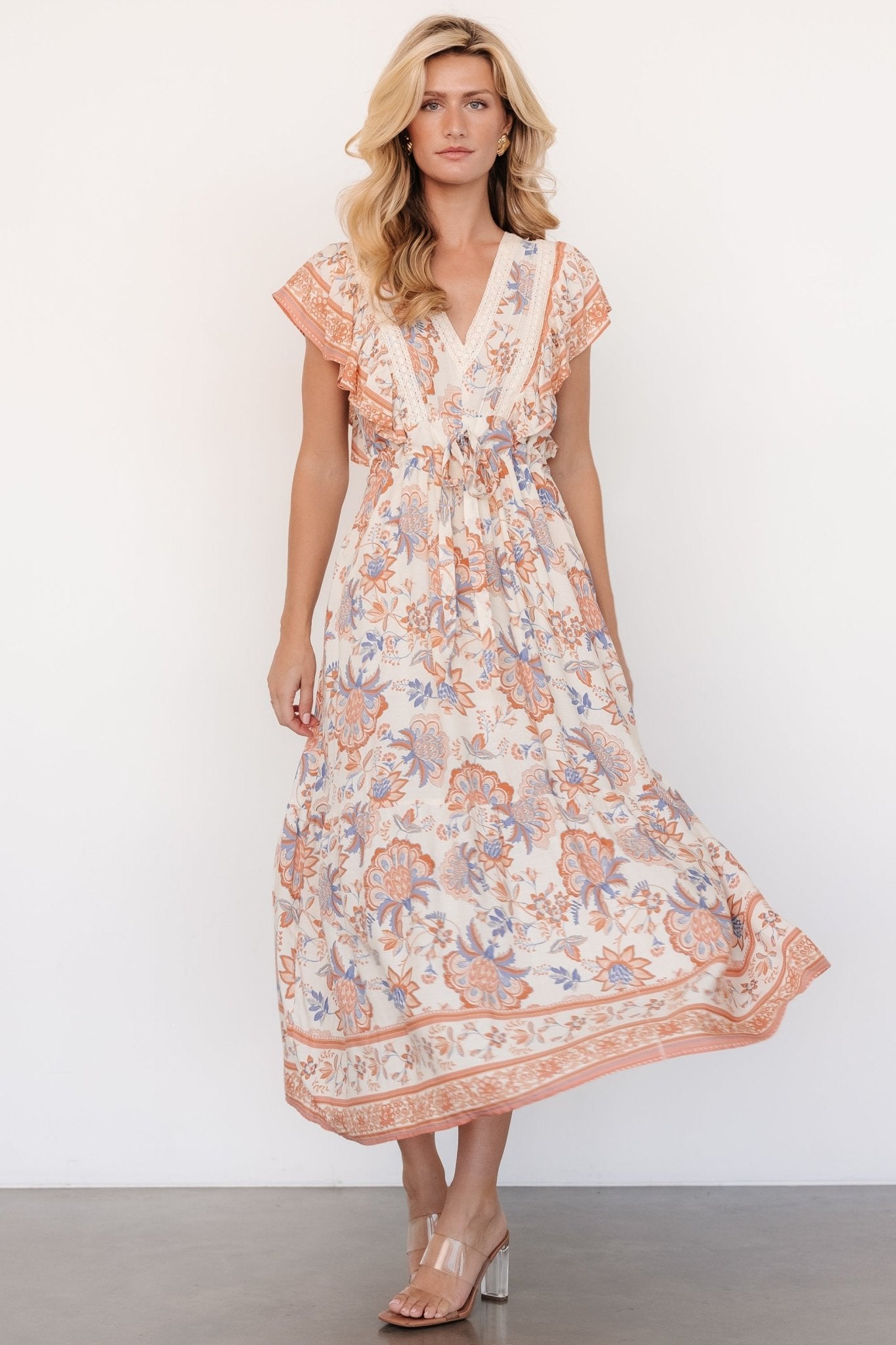 Floral Tiered Maxi Dress with V-Neck & Butterfly Sleeves | Baltic Born