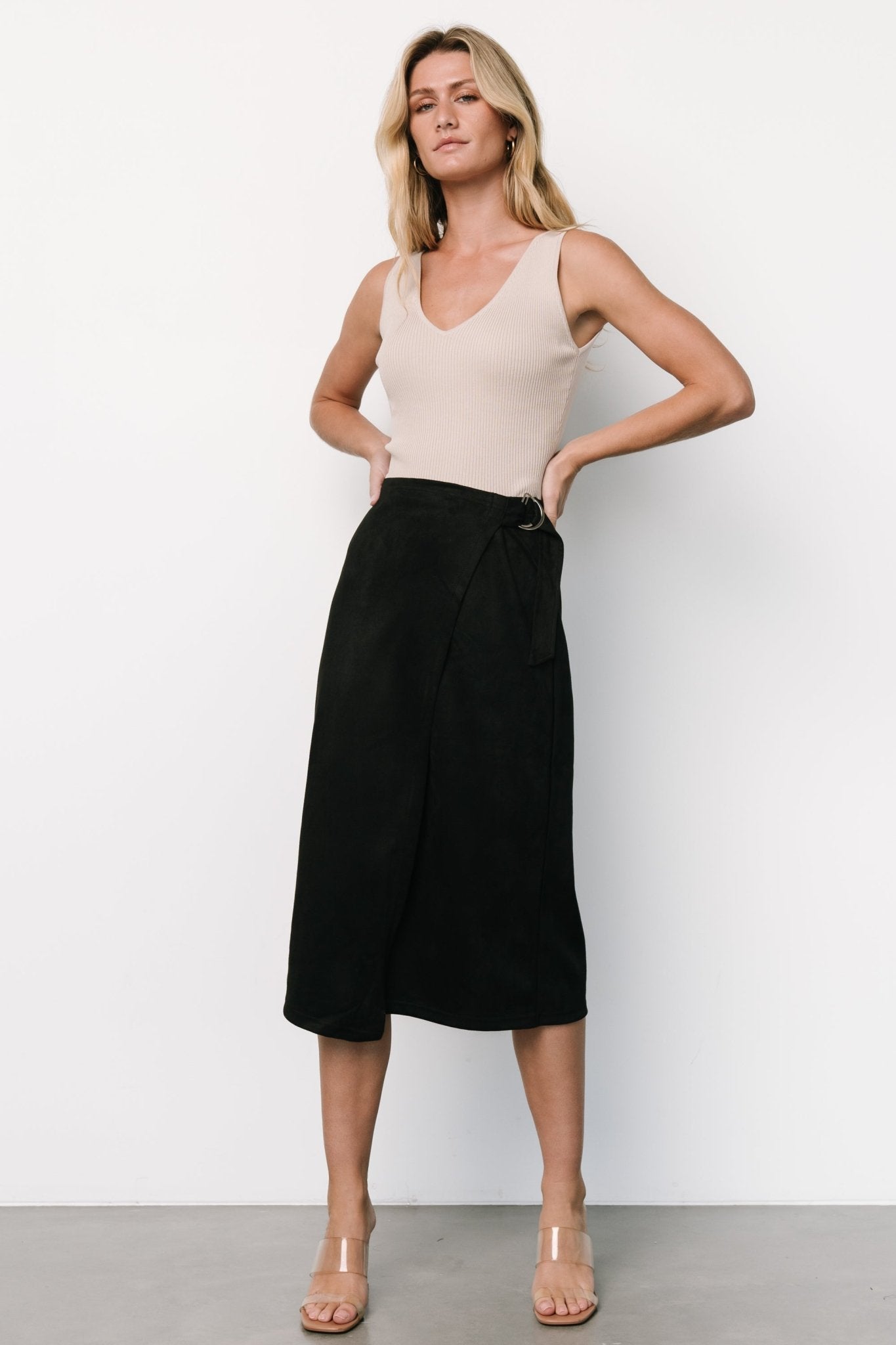 Faux Suede Wrap Skirt with Belt | Black Midi Skirt | Malika