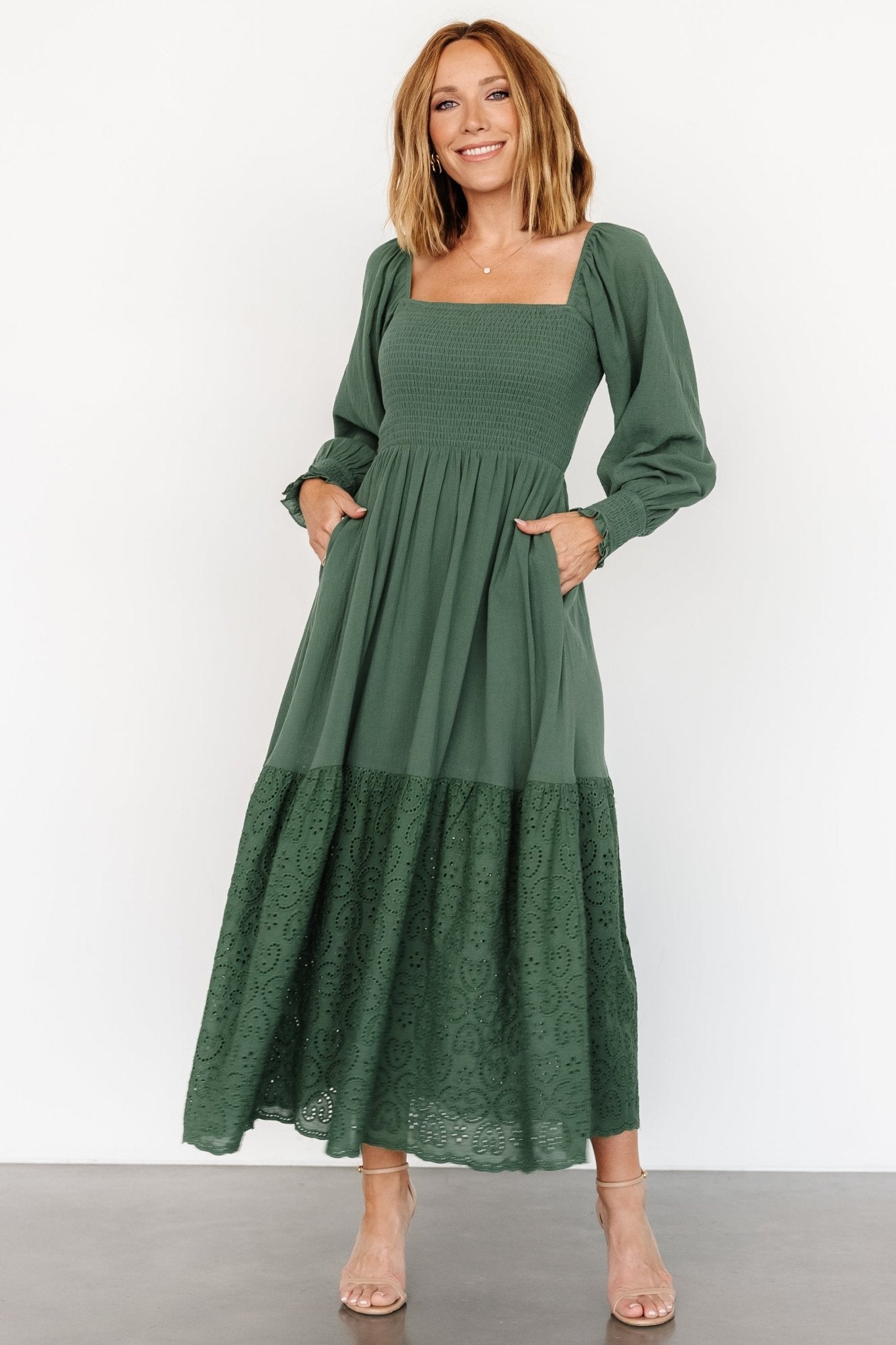 Green Cotton Maxi Dress with Puffed Sleeves & Hidden Pockets | Marcella