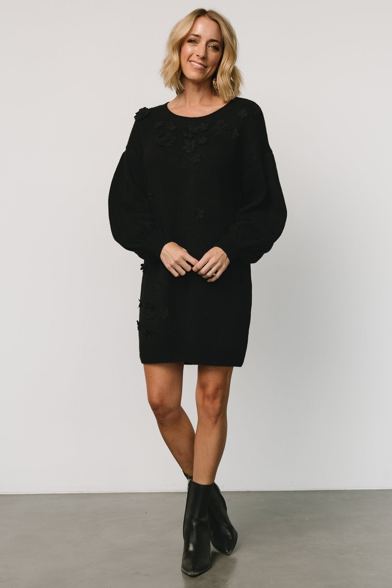 Black Sweater Dress with Floral Applique & Puffed Sleeves | Baltic Born
