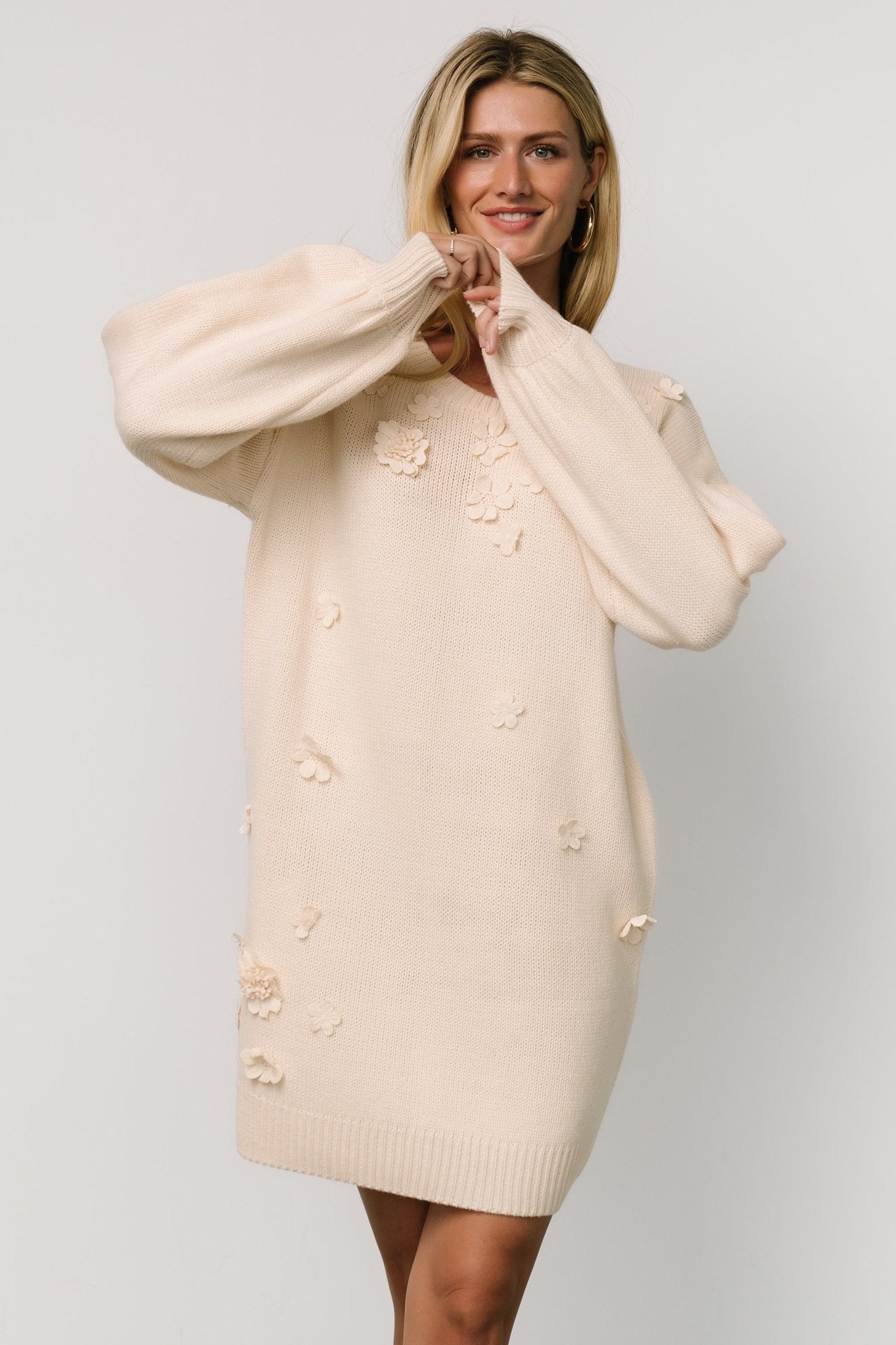 Cream Sweater Dress with Floral Applique & Puffed Sleeves | Margaux