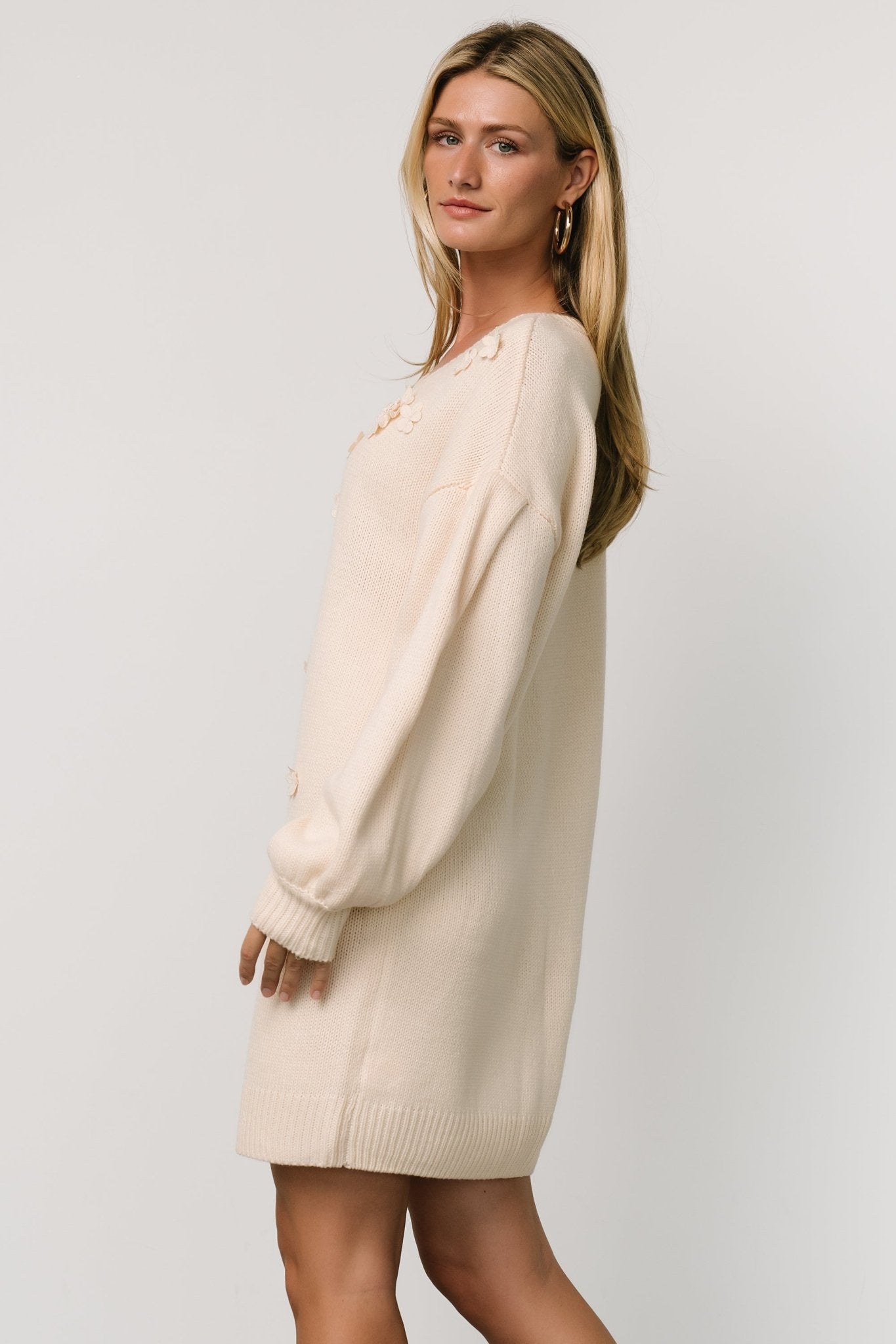 Cream Sweater Dress with Floral Applique & Puffed Sleeves | Margaux