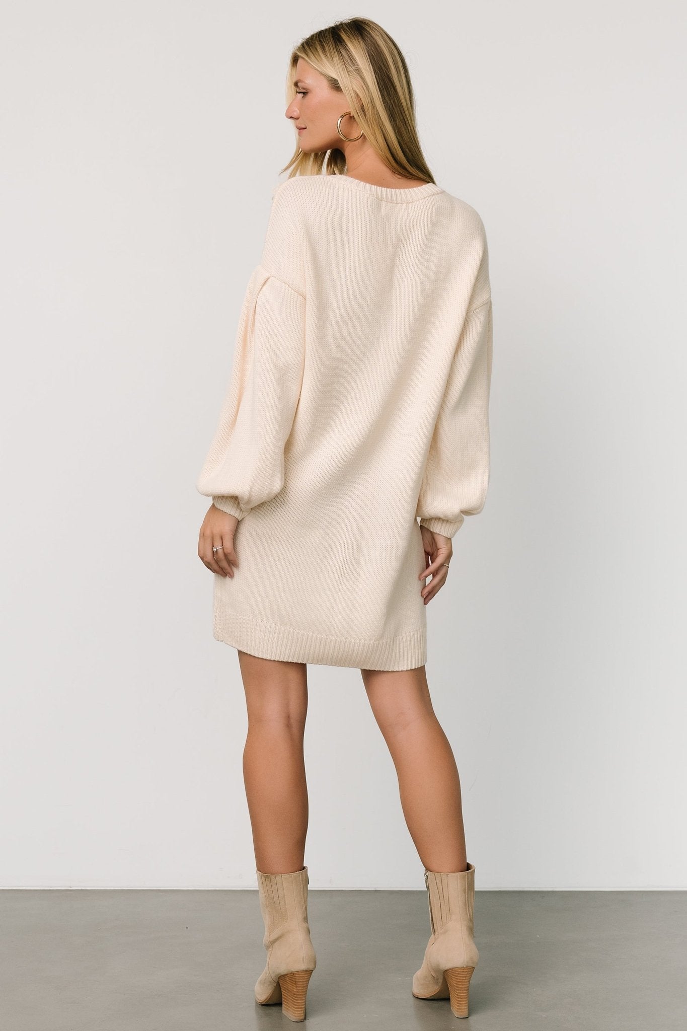 Cream Sweater Dress with Floral Applique & Puffed Sleeves | Margaux