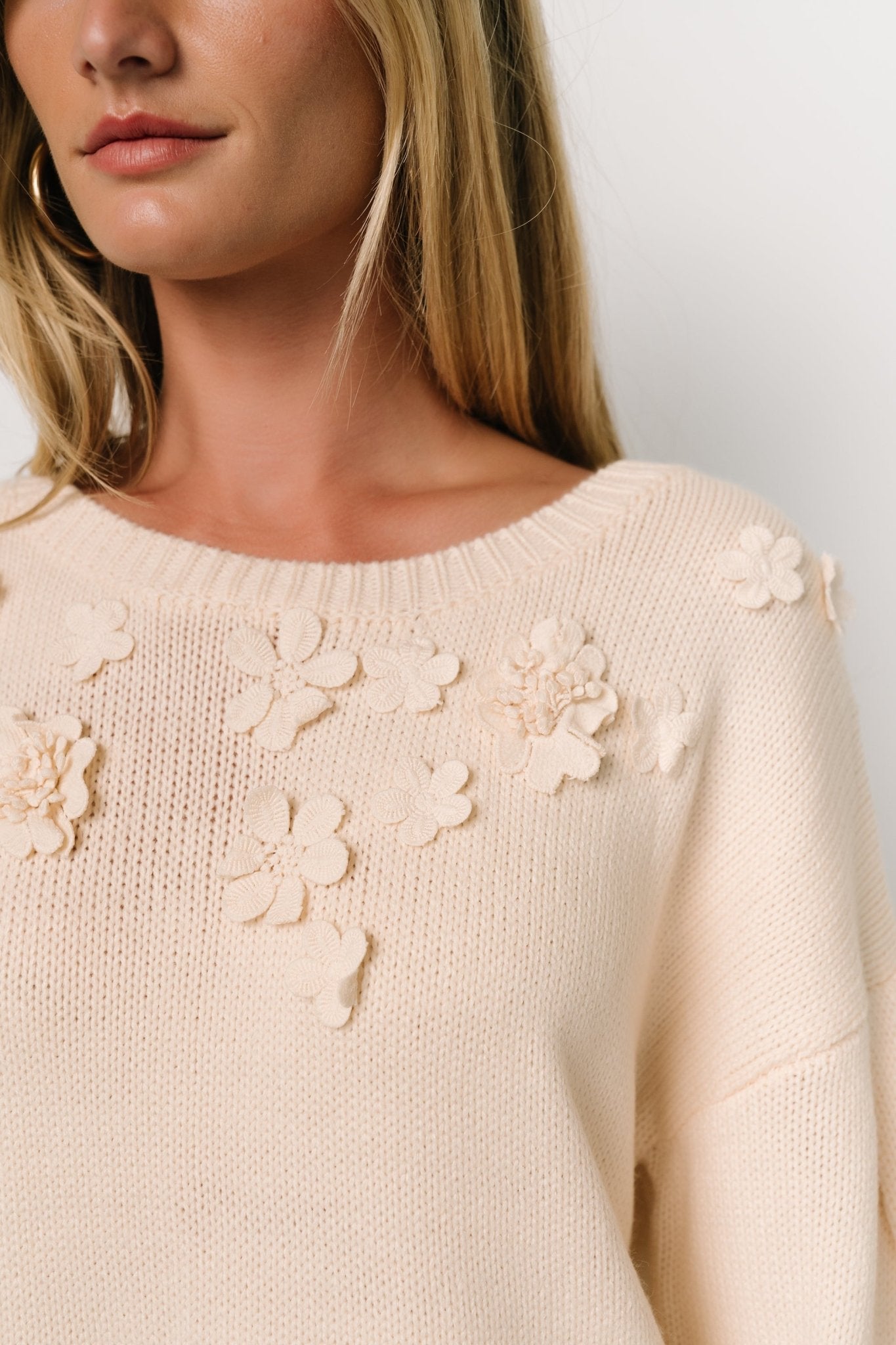 Cream Sweater Dress with Floral Applique & Puffed Sleeves | Margaux