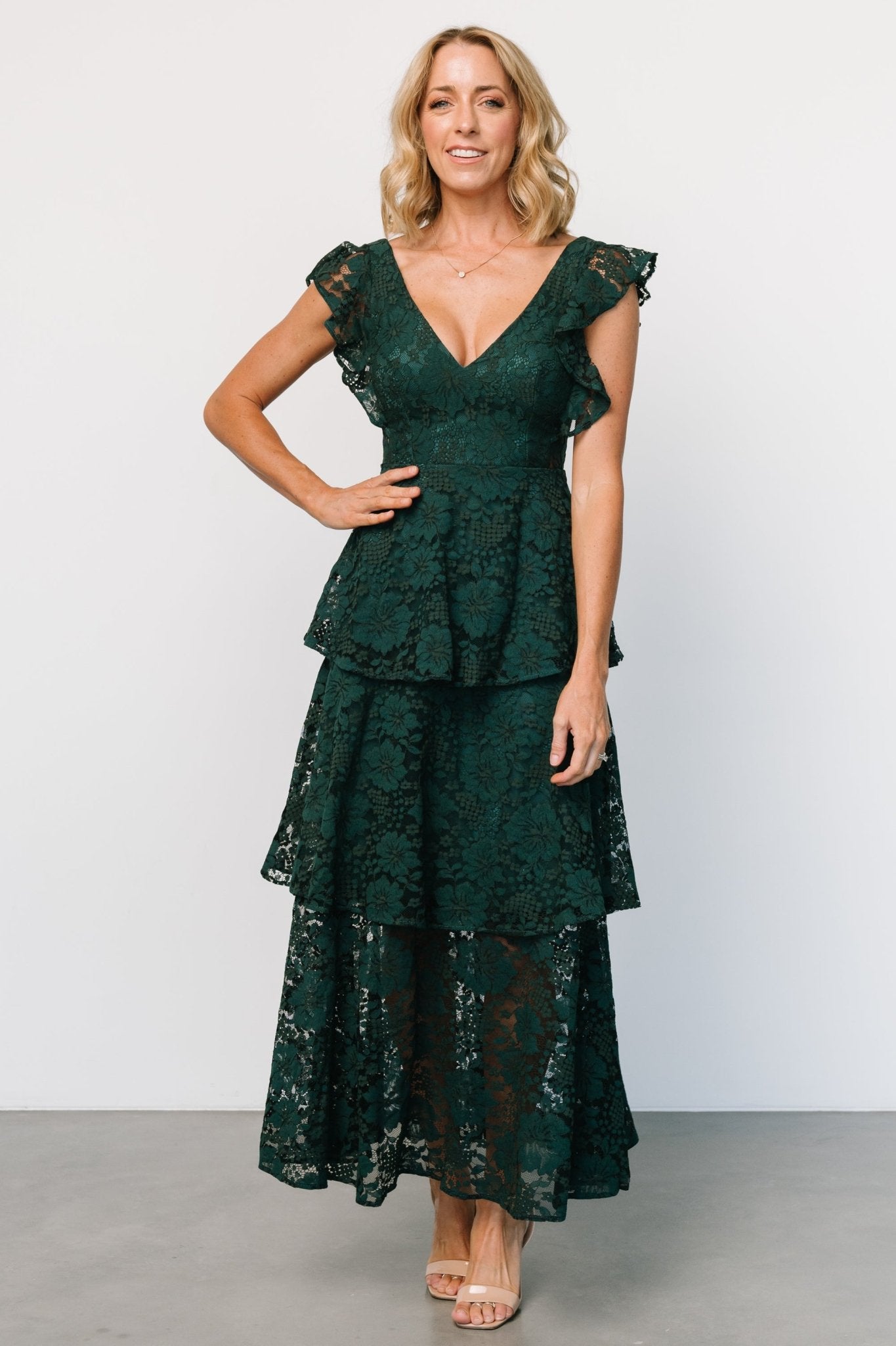 Deep Emerald Lace Maxi Dress with V-Neck & Tiered Skirt | Margot