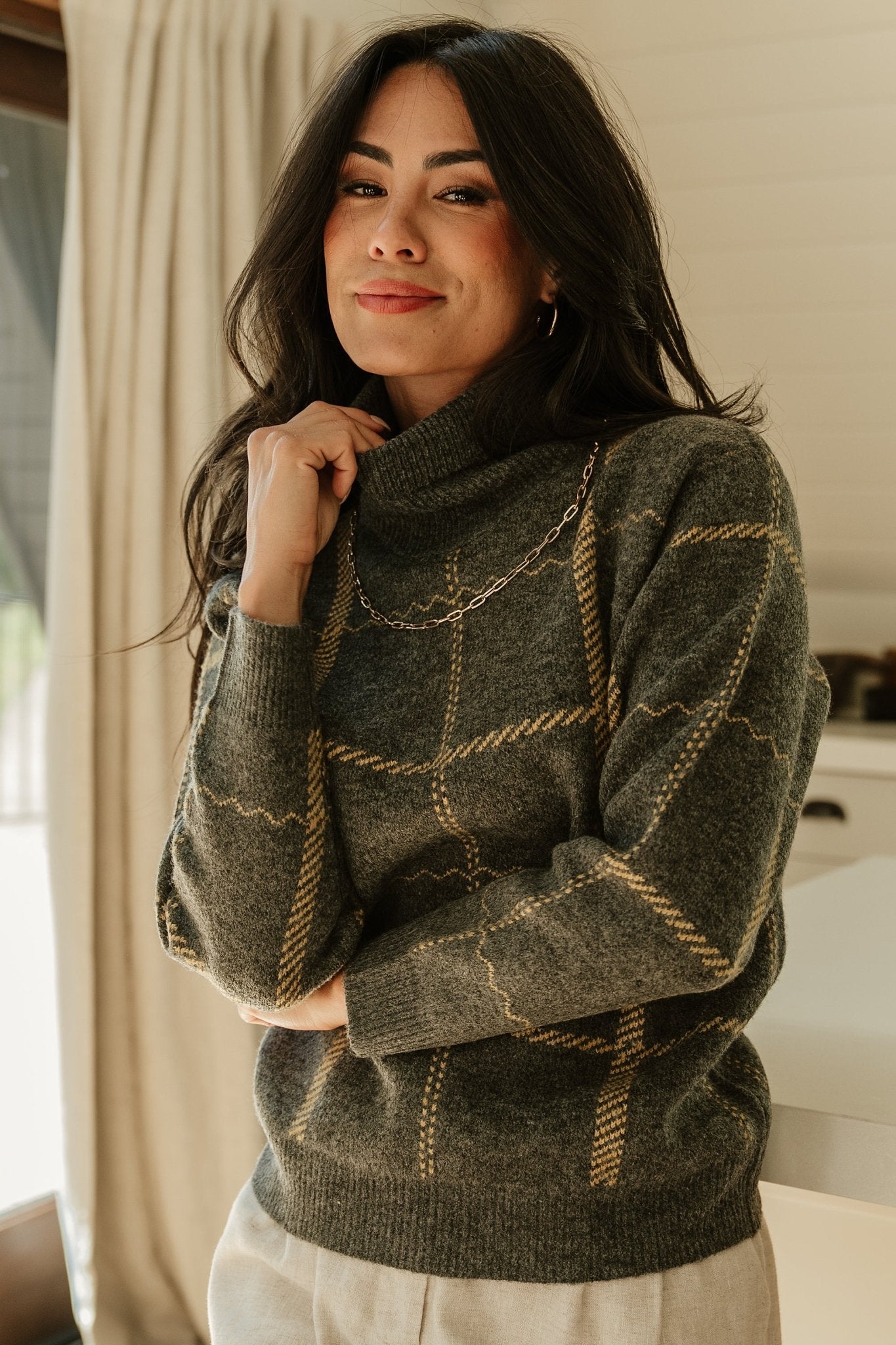 Ribbed Turtleneck Sweater for Women | Dark Gray Windowpane | Arden