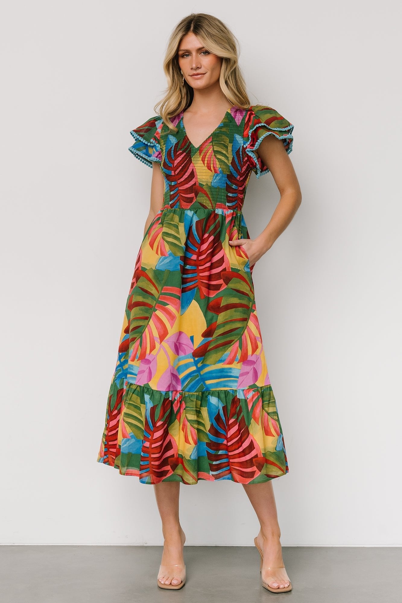 Tropical Smocked Midi Dress with Pockets | Marielle Multi Print