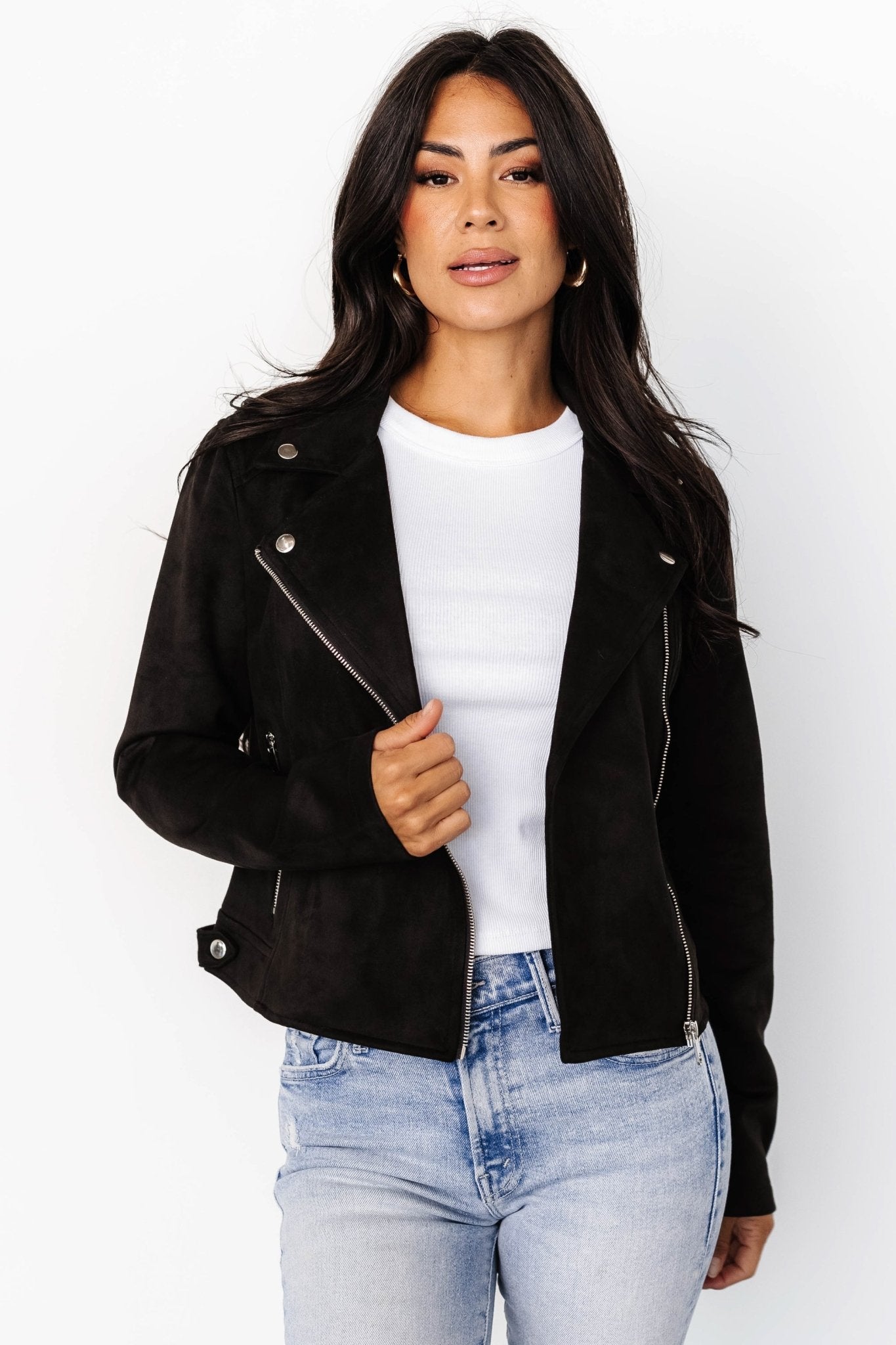 Faux Suede Moto Jacket for Women | Black Cropped Style | Marisa